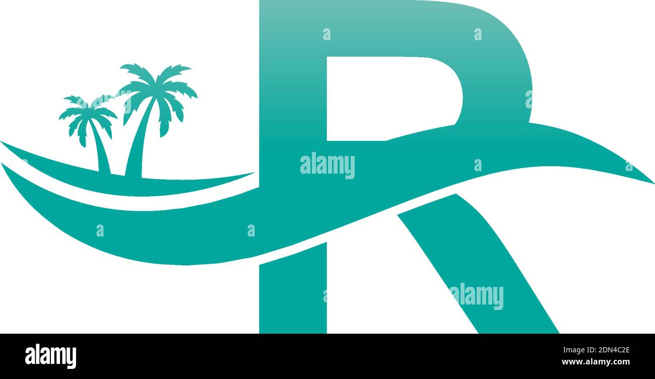 Logo lettera R albero di cocco e disegno icona onda d'acqua vettore Illustrazione Vettoriale