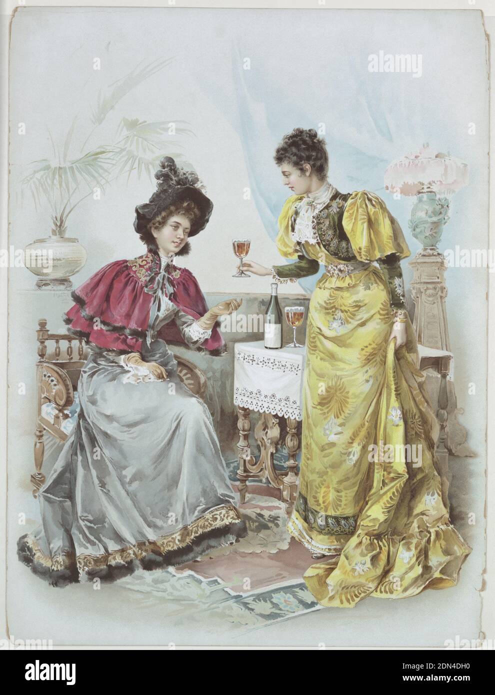 Pubblicità per una bevanda, litografia su carta, rettangolo verticale. Due figure femminili, una donna in abito giallo a destra che consegna un bicchiere di birra o vino ad una donna seduta che indossa un capo rosso e un abito grigio a sinistra. Tappeto decorato sul pavimento. Dietro la donna a destra, un tavolo di legno con tovaglia bianca ad occhiello. Sul tavolo si trova una bottiglia verde e un secondo bicchiere pieno di una bevanda marrone. Lampada su un supporto sullo sfondo a destra, una pianta a sinistra. Blue Tenda oltre., USA, fine del XIX secolo, poster, Stampa Foto Stock