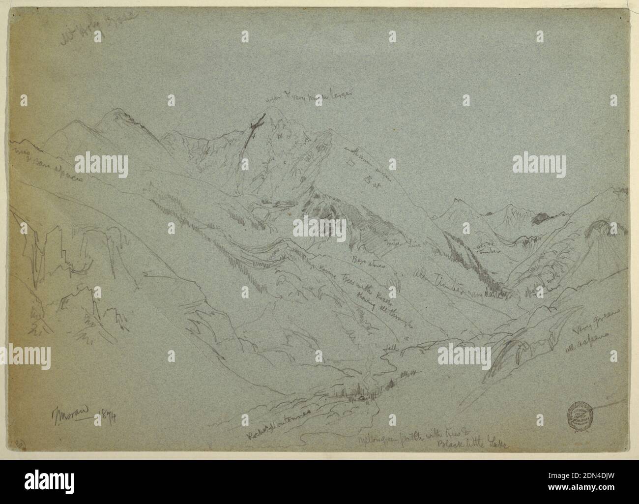 Mount Holy Cross, Thomas Moran, cucina americana, b. Gran Bretagna, 1837–1926, grafite su carta wove blu-grigia, Oblique vista orizzontale di una catena montuosa attraverso una valle con un picco le cui fessure formano la Croce al centro sinistro., 1874, paesaggi, disegno Foto Stock