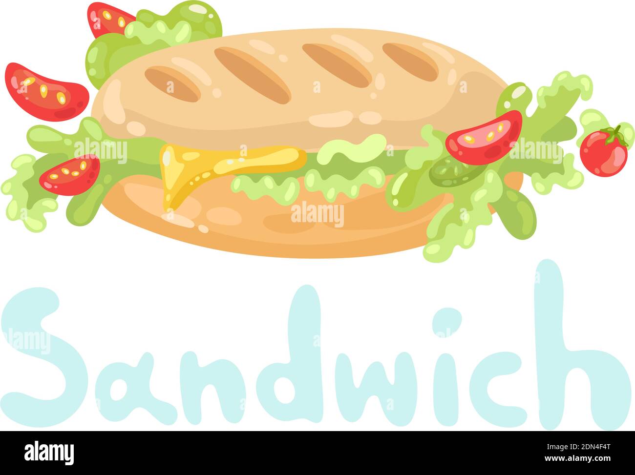 Sandwich clipart fastfood. Icona del piano del cartone animato. Simbolo di scorta da portare via o da pranzo. Classico panino francese con burro, formaggio, pomodoro, lattuga Illustrazione Vettoriale