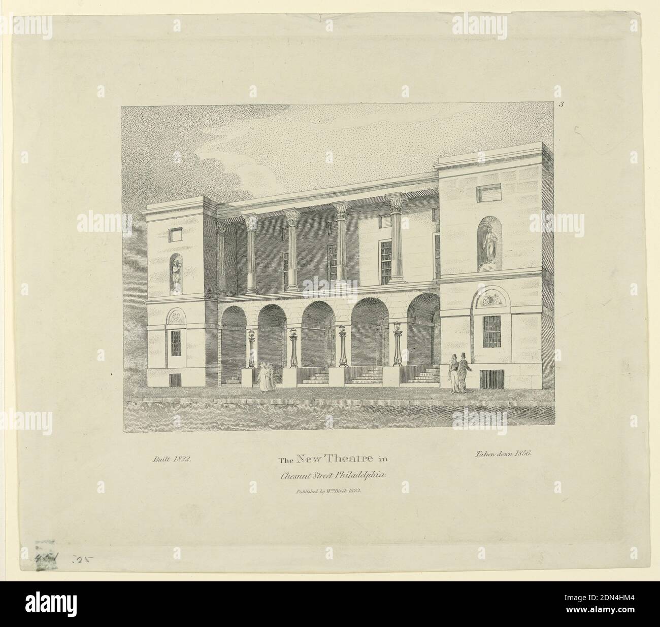 The New Theatre Chestnut Street, Philadelphia, William Birch, incisione con inchiostro nero su carta, rettangolo orizzontale. Vista obliqua della facciata con due gruppi di persone sul marciapiede di fronte, tre sono accanto all'angolo superiore destro. Didascalia: Costruito nel 1822 il nuovo Teatro in / Chestnut Street / Philadelphia / pubblicato da Wm. Betulla 1823. Preso in giù 1856., Europa e USA, 1823, architettura, Stampa Foto Stock