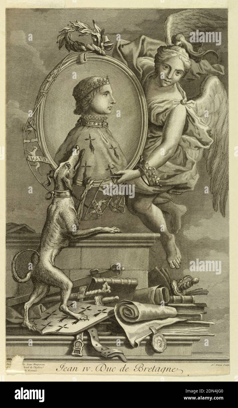 Ritratto di Jean IV, Duke de Bretagne (1293-1345), Nicolas Pitau II, francese, 1670 - 1724, F. Jean Chaperon, incisione su carta, Ritratto a forma di busto in vista laterale, a destra, di un giovane che indossa una corona ducale e un capo. Il ritratto ovale è tenuto da una dea alata (Vittoria). Sotto, un cane, scudo, armi, libri, ecc. dopo un dipinto a Rennes dopo F. Jean Chaperon., Francia, 1710-1720, Stampa Foto Stock