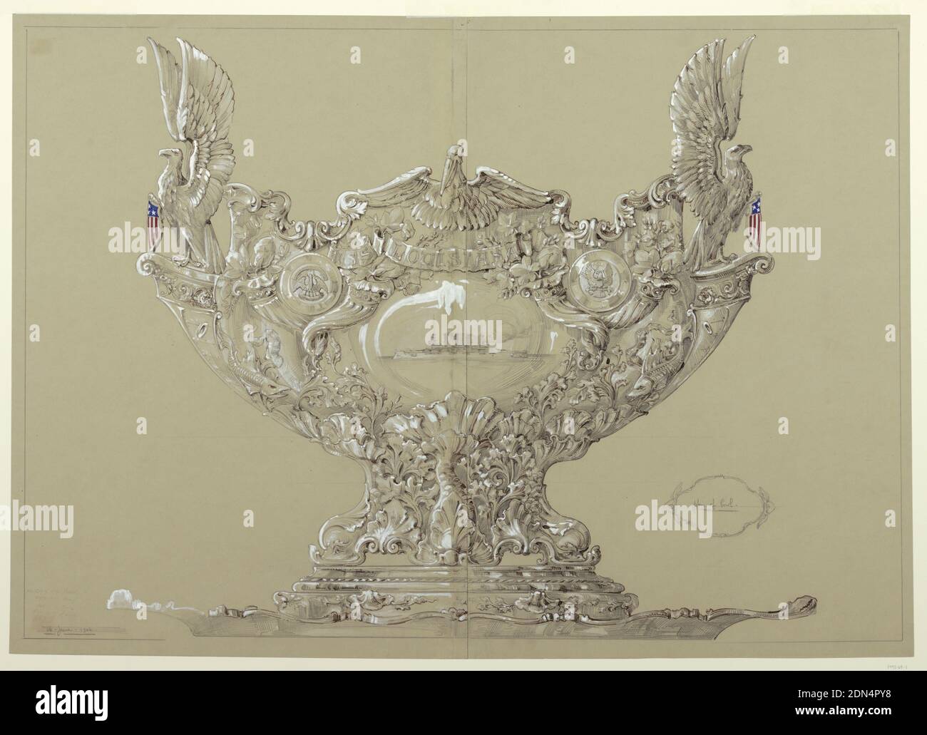 Punchbowl per U.S.S. Louisiana, Reed & Barton, americano, 1824–2015, grafite, penna e inchiostro, lavaggio su carta color crema wove, disegno per plantare di metallo con composizione scultorea composta da aquile, cornuca, medaglioni e una cartouche centrale., Francia, Taunton, Massachusetts, USA, 16 giugno 1906, metallurgia, disegno Foto Stock Punchbowl per U.S.S. Louisiana, Reed & Barton, americano, 1824–2015, grafite, penna e inchiostro, lavaggio su carta color crema wove, disegno per plantare di metallo con composizione scultorea composta da aquile, cornuca, medaglioni e una cartouche centrale., Francia, Taunton, Massachusetts, USA, 16 giugno 1906, metallurgia, disegno Foto Stock