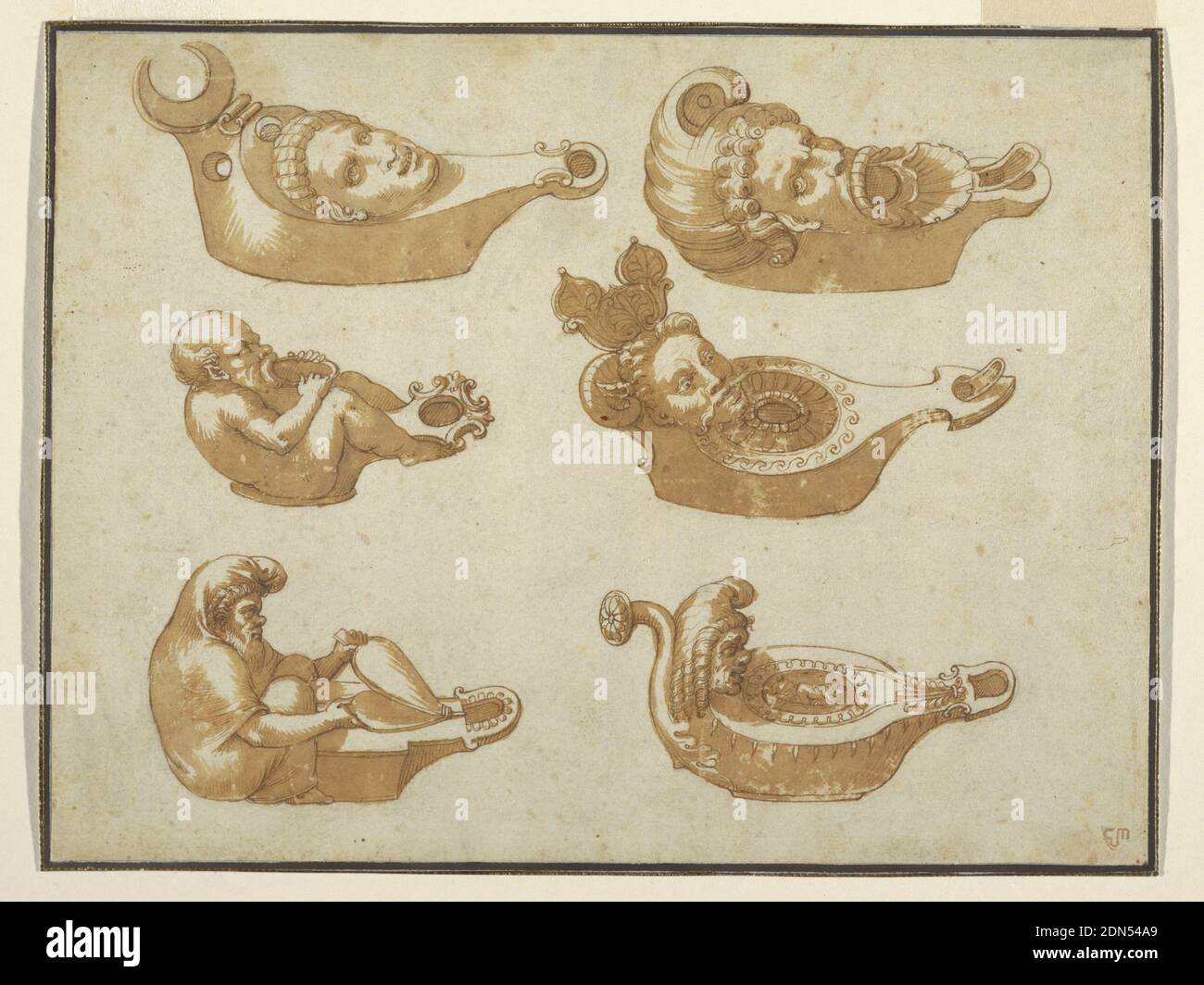 Sei lampade in stile classico, penna e inchiostro marrone, lavaggio marrone su carta defilata biancastra, posata, sei lampade ad olio ciascuna con una piccola testa con una bocca aperta come beccuccio, tutti i beccucci sono girati a destra., Italia, Italia, 1540, illuminazione, disegno Foto Stock