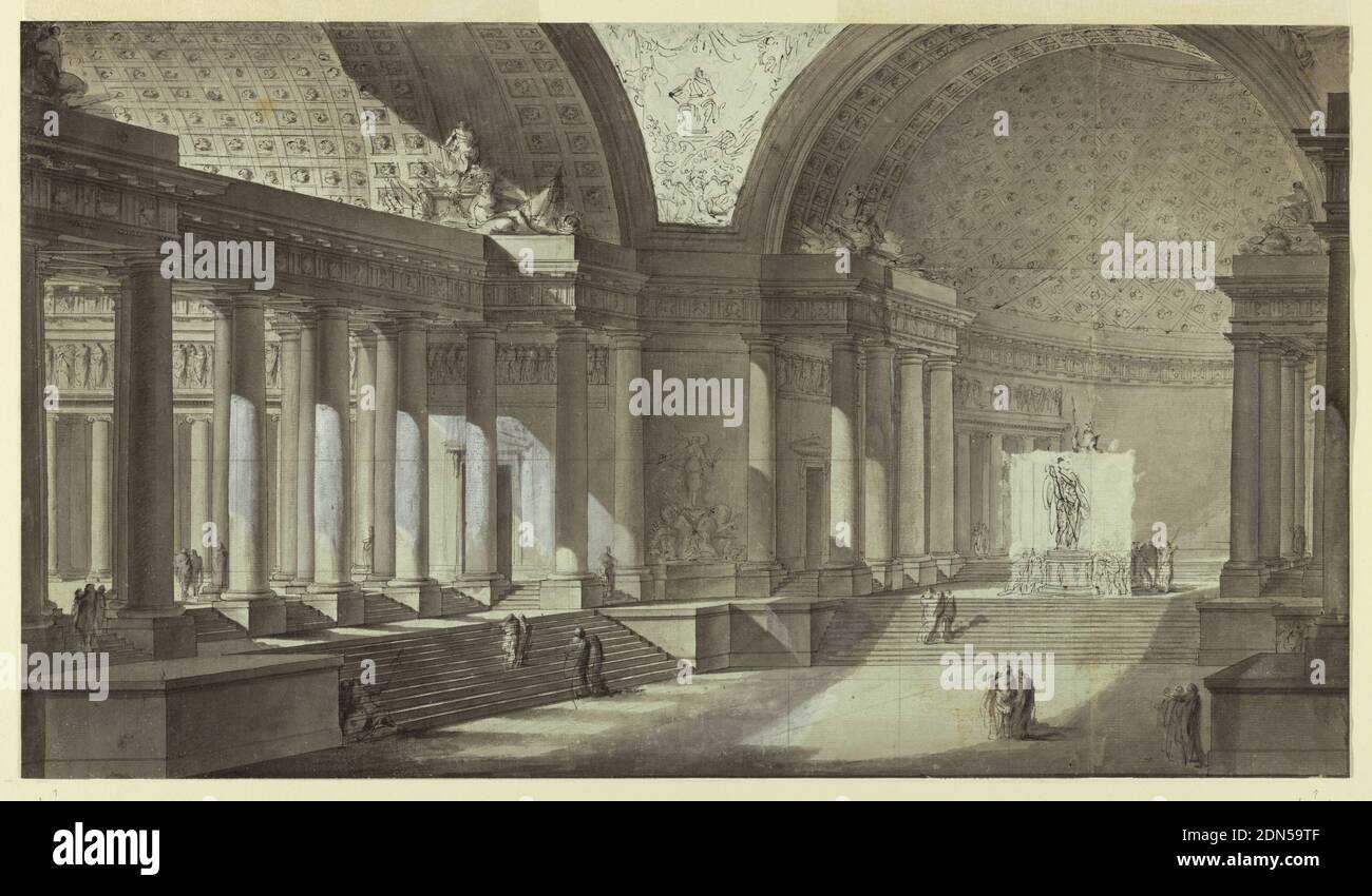 Fantasia architettonica: Tempio di Athena interno, penna e inchiostro nero, lavaggio grigio e gouache bianco su matita su carta posata, Voli di scale conducono verso il basso al transetto da una sala a sinistra e dall'abside a destra. Il disegno del centro dell'abside è stato sottoposto ad una correzione. La statua della dea era originariamente destinata più grande di quanto fosse definitivamente abbozzata. Solo il lato sinistro dell'abside mostra un colonnato e un rilievo su di esso nella parte posteriore., Francia, ca. 1750, architettura, disegno Foto Stock