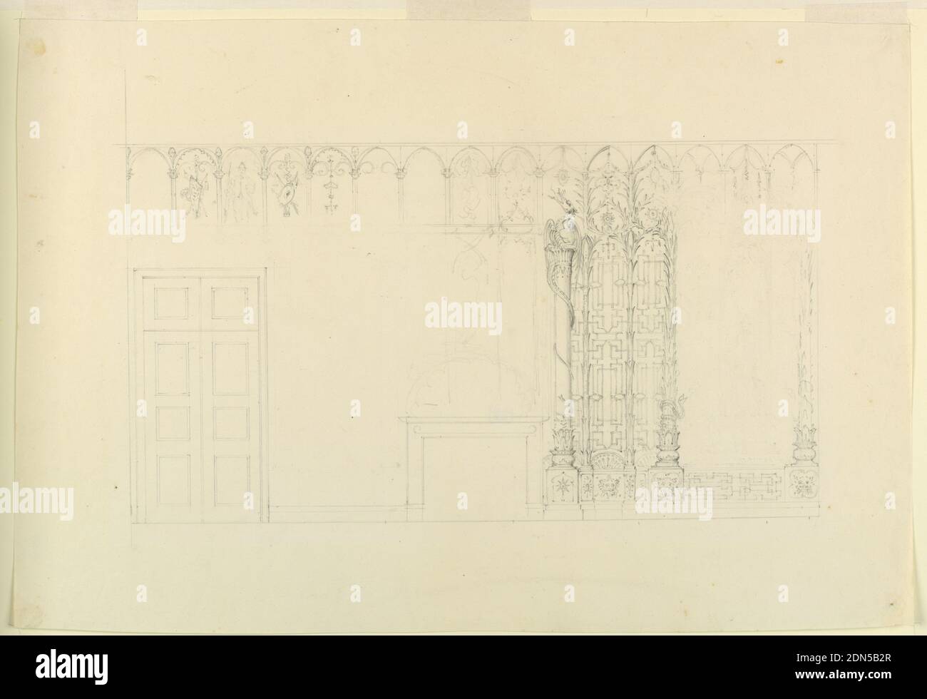 Design per la decorazione della parete per la parete sud della Sala d'ingresso, Royal Pavilion, Brighton, Frederick Crace, inglese, 1779–1859, grafite su carta, rettangolo orizzontale. Design per il Royal Pavilion di Brighton. Elevazione di un muro, con una mensola al centro e una porta a sinistra. Il particolare della decorazione a destra della mensola mostra un disegno dipinto di traliccio e colonne strette con alberi fogliati, e una colonna intrecciata da un drago. Fregio di nicchie sopra contengono trofei disegni., Inghilterra, 1815–22, interni, disegno Foto Stock