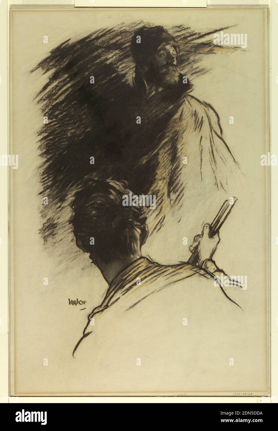 Benedetto lo conosceva per l'uomo il cui nome era ancora caldo sulle labbra, Illustrazione per la rivista di Scribner (XXXVI, n. 2, agosto 1904, pag. 187), Frank Walter Taylor, 1874 – 1921, i figli di Charles Scribner, New York, New York, USA, carbone e acquerello sulla tavola di illustrazione, Un uomo bearded sta sullo sfondo, di fronte allo spettatore, la sua testa girò bruscamente a destra. In primo piano, la testa e le spalle di un altro uomo sono mostrate, allontanate dallo spettatore, con una mano vista, afferrando il barile di un fucile., USA, 1904, figure, disegno Foto Stock