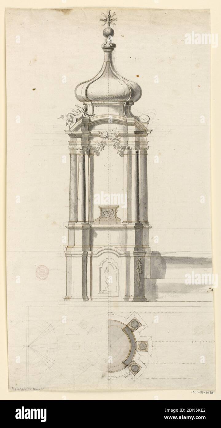 Progetto per un tabernacolo per l'esposizione della mostruosità con suggerimenti alternativi, matita, penna, inchiostro, pennello e colore grigio dell'acqua su carta, composizione verticale di un tabernacolo a forma di torre circolare, in piedi sulla mensa sopra e tra i gradini. Sotto è una base con un pannello davanti con la rappresentazione di calice e ospite; poi viene un fregio, e un aedicola con aperture davanti e dietro. Le colonne portano parti sporgenti dell'entabulatura. La cupola sulla parte superiore è a forma di cipolla. Un piedistallo con cherubini si trova nell'edicola. Di seguito è riportato il piano e il suo schema geometrico Foto Stock
