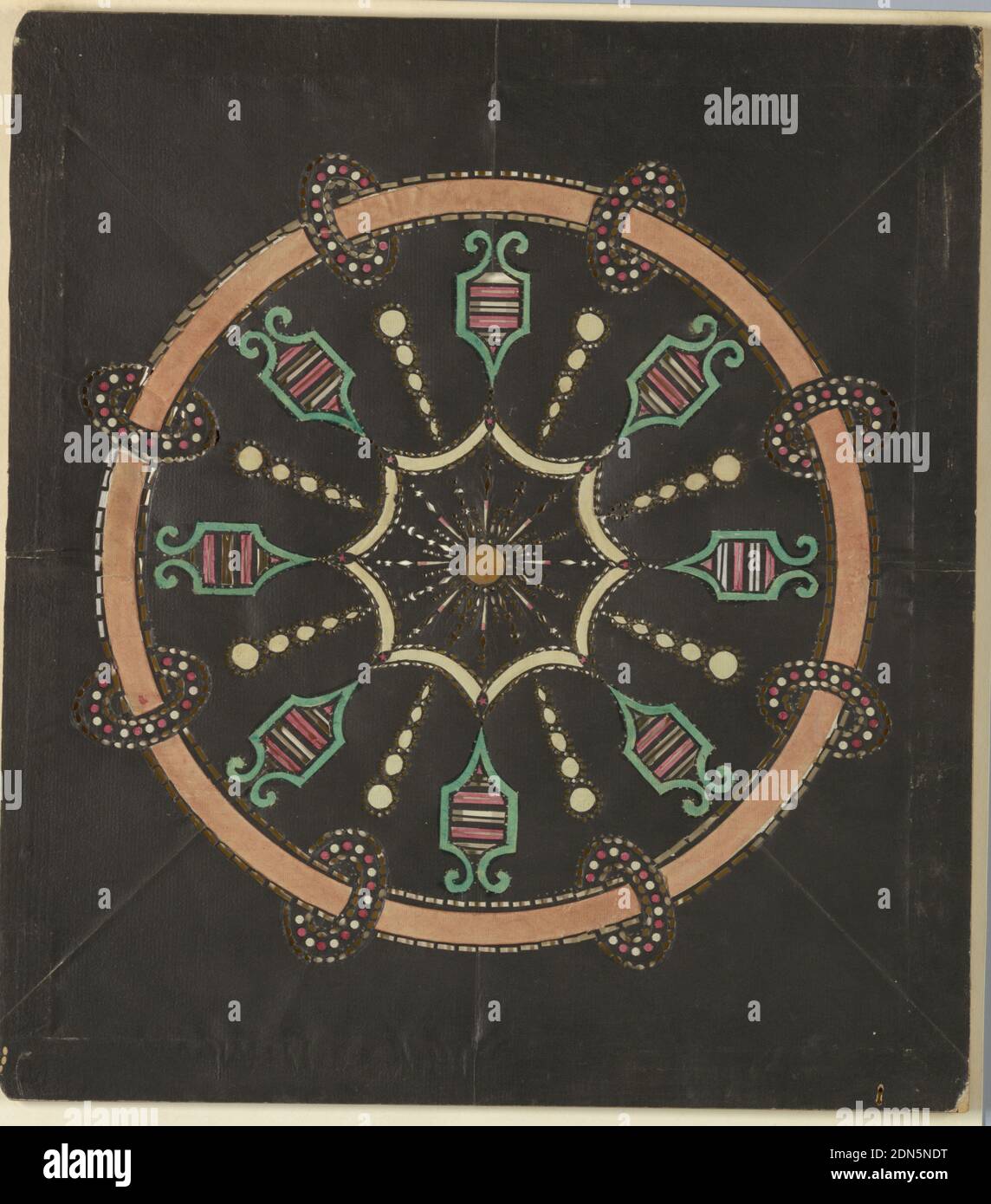 Perpetual Motion Design, carta tagliata su telaio in legno, slide lanterna magica, giocattolo ottico. Su campo nero, circonferenza una banda rosa con otto anelli ellittici. All'interno, otto cartoni alternati con otto catene di cerchi ed ellissi. Al centro, figura composta da otto archi incurvanti, racchiudendo disco raised., Savoia, Francia, ca. 1780, giocattoli e giochi, slide Lanterna, slide Lanterna Foto Stock
