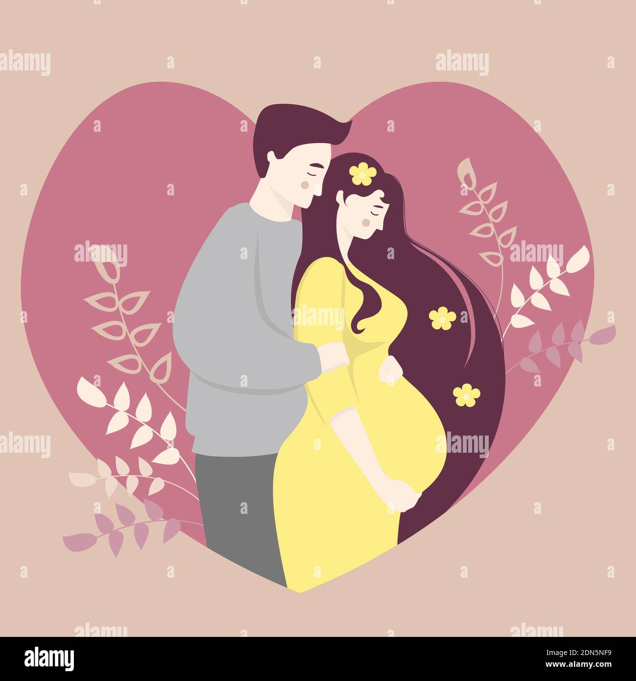 Maternità e famiglia. Donna incinta felice in un vestito giallo la abbraccia con le mani e accanto ad un uomo. Sullo sfondo del cuore con una d Illustrazione Vettoriale