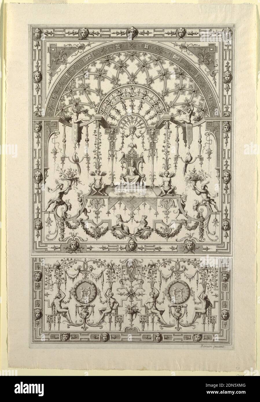 Disegno per Ornament grottesco, Jean Bérain, il Vecchio, francese, 1640 - 1711, incisione e incisione su carta bianca, motivo simmetrico riempito con grottesche ariose disposte in due sezioni su foglio. La parte superiore mostra un jester seduto su un trono sotto un traliccio ad arco. Nella sezione inferiore sono presenti due medaglioni con cherubini, ciascuno affiancato da figure sedute. Ornamento aggiuntivo comprende lavori a strapwork, agrequins, acanthus tendrils e creature fantasiose., Francia, ca. 1680, ornamento, Stampa Foto Stock