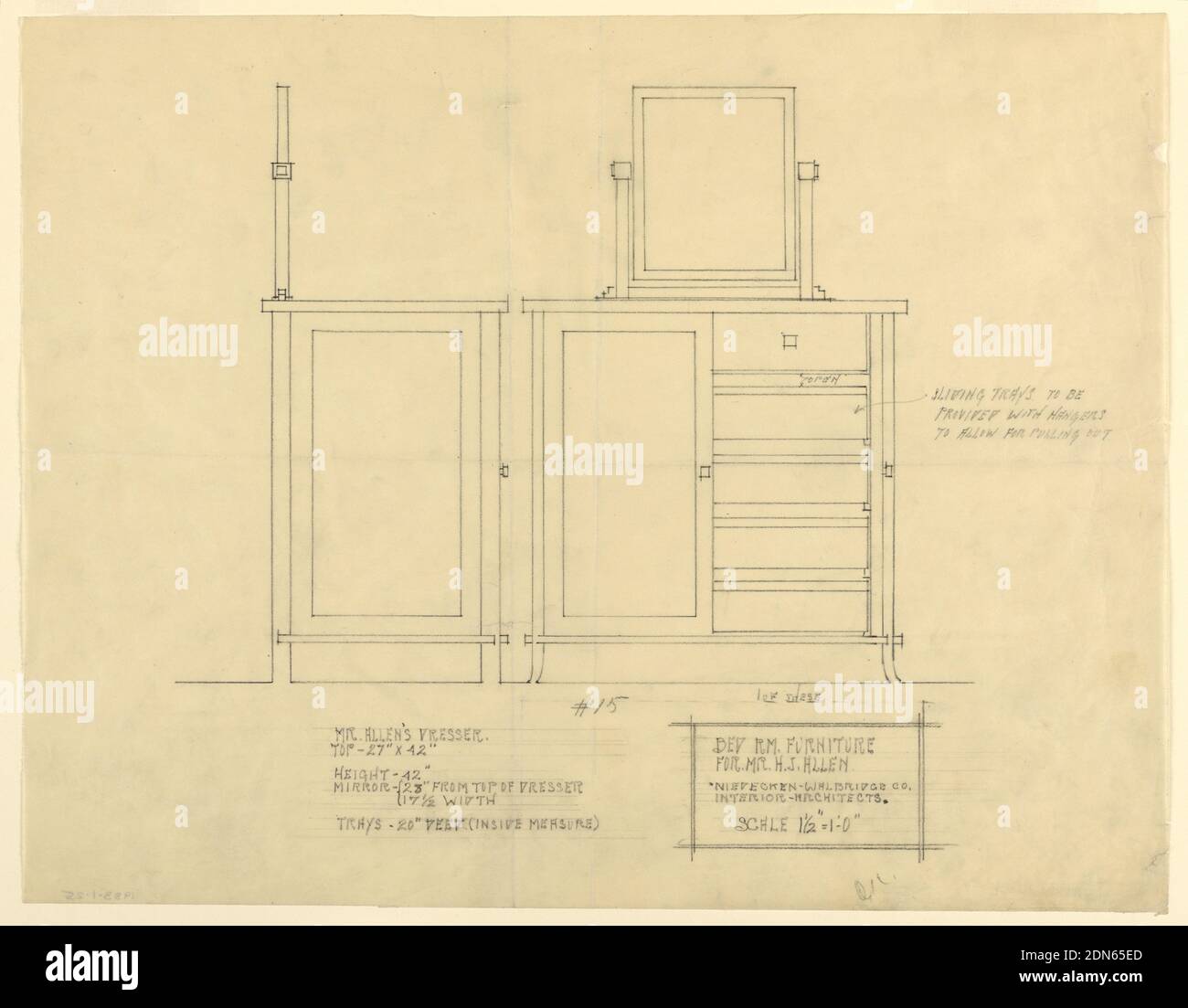 Dresser per il sig. Allen, Henry J. Allen Residence, Wichita, Kansas, George Mann Niedecken, 1878–1945, Henry J. Allen, Elsie J. Nuzman (sig.ra Henry J.) Allen, grafite su carta da ricalco color crema, pagina divisa in due registri orizzontalmente di circa 3/4 in basso sulla pagina. Registro superiore, a sinistra: Vista laterale del comò in legno con specchio montato sopra di esso, due porte, e quattro gambe; vista destra, anteriore dello stesso comò con sportello destro aperto per rivelare il cassetto superiore e tre vassoi scorrevoli all'interno., USA, 1917, mobili, disegno Foto Stock