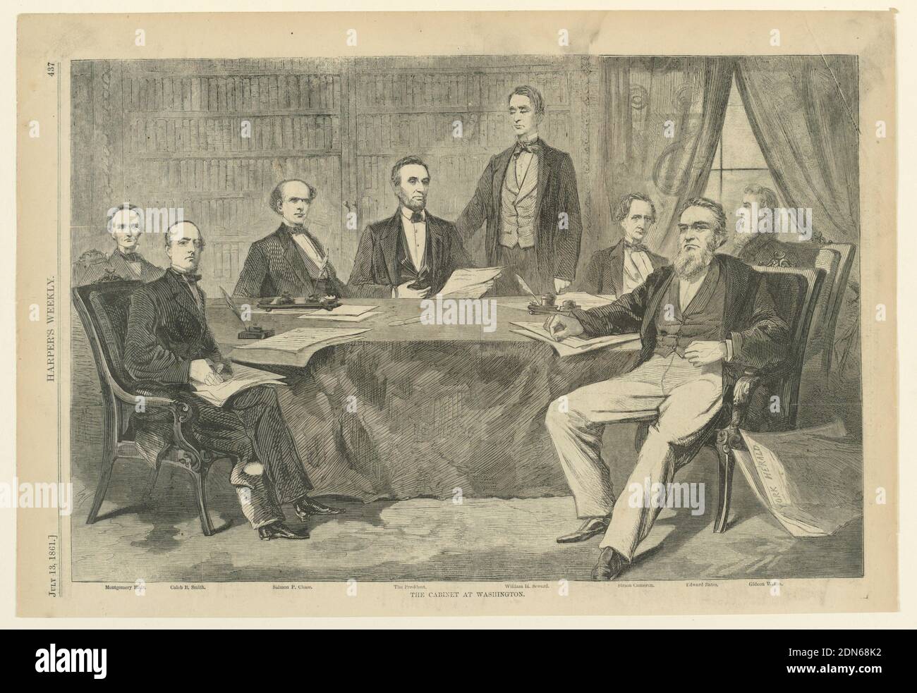 Il presidente Lincoln e i suoi membri del gabinetto a Washington, D.C., da Harper's Weekly, 13 luglio 1861, pag. 437., sconosciuto, americano, incisione del legno in inchiostro nero su carta da giornale, vista orizzontale di un interno con il presidente Lincoln e il suo gabinetto seduti intorno ad un tavolo e di fronte allo spettatore. Il Segretario Seward si trova dietro il Presidente e i nomi degli altri membri del gabinetto sono indicati nel margine sottostante., Washington, District of Columbia, USA, 13 luglio 1861, graphic design, Stampa Foto Stock