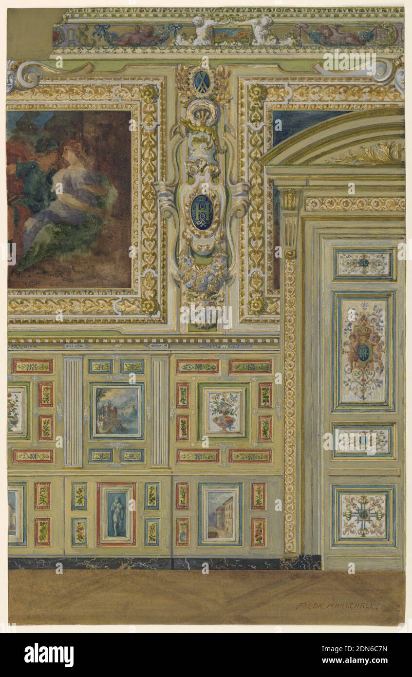 Sezione di una parete che mostra gruppi di pannelli dipinti, Camera ovale,  Salone Luigi XIV, Palazzo di Fontainebleau, Francia, Federico Marschall,  pennello e acquerello, tempera su carta pesante, sezione di muro, il