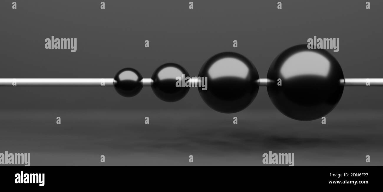 Abacus, strumento di calcolo, matematica, con perle nere o sfere in una riga, rendering cgi 3d, sfondo di visualizzazione, con spazio di copia Foto Stock