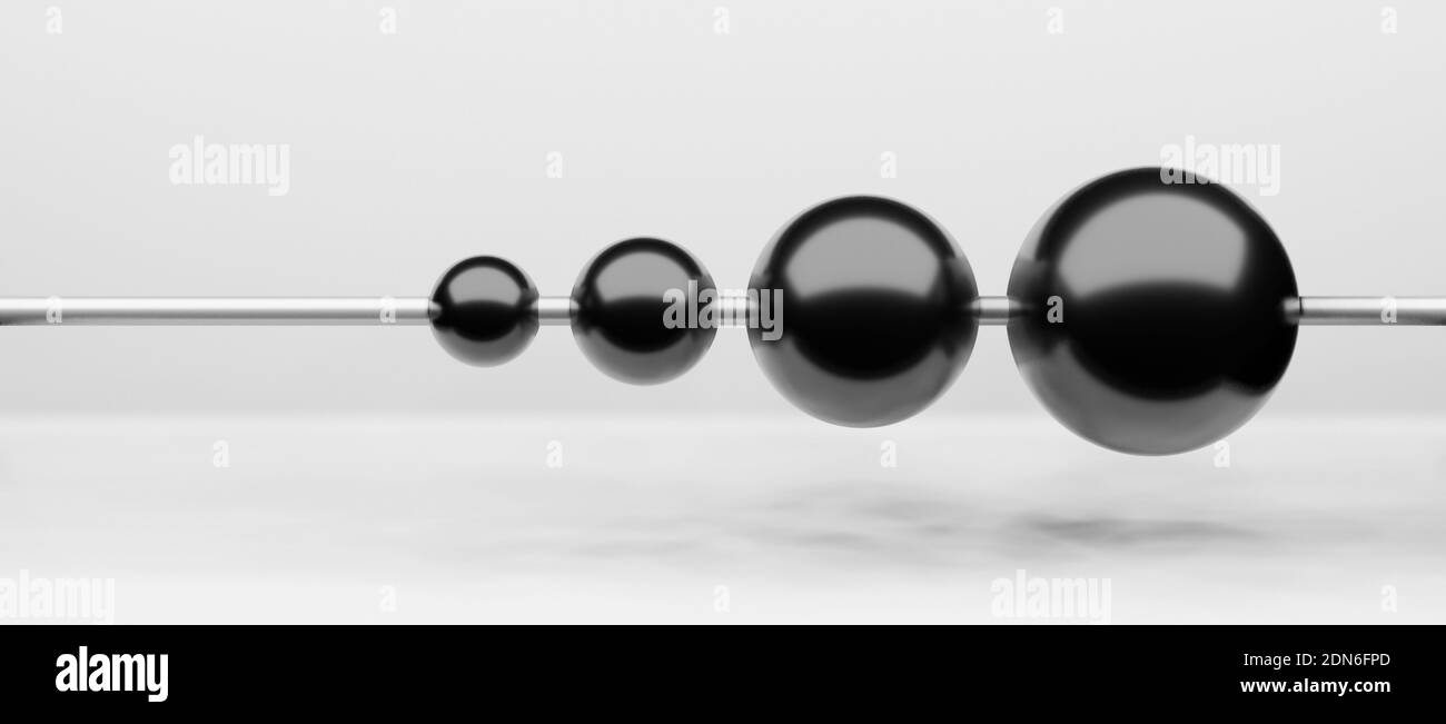 Abacus, strumento di calcolo, matematica, con perle nere o sfere in una riga, rendering cgi 3d, sfondo di visualizzazione, con spazio di copia Foto Stock