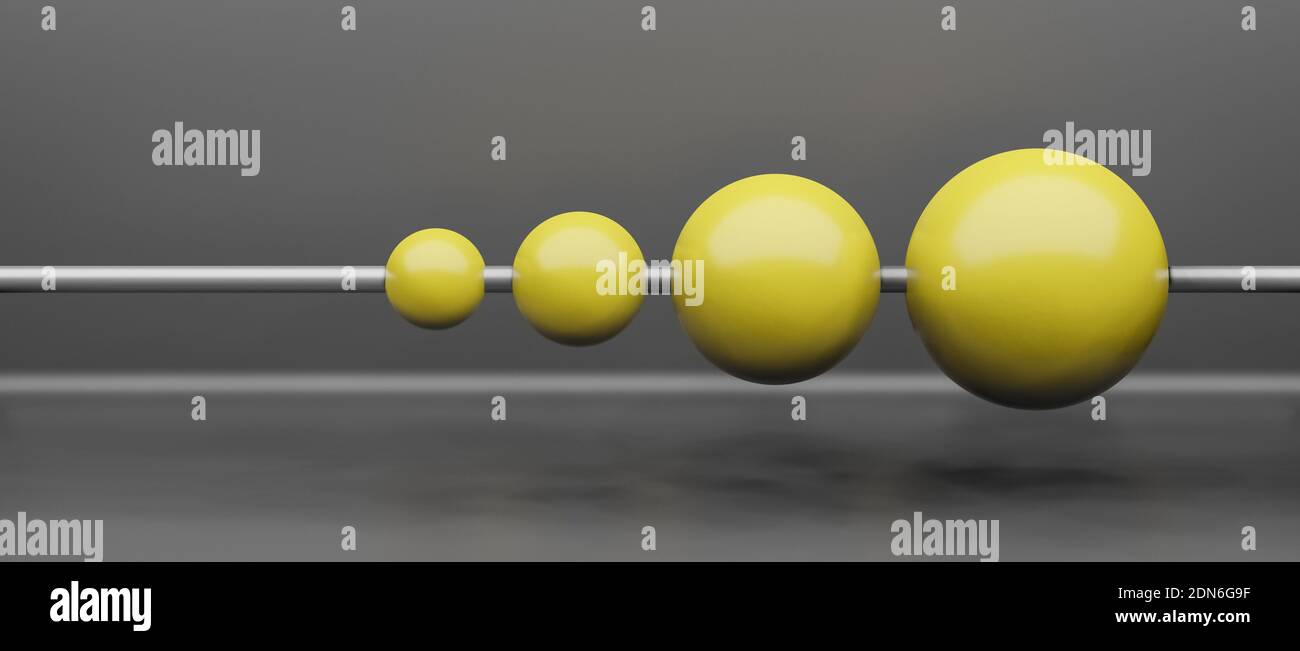 Abacus, strumento di calcolo, matematica, con perle o sfere gialle in una riga, rendering cgi 3d, sfondo di visualizzazione, con spazio di copia Foto Stock