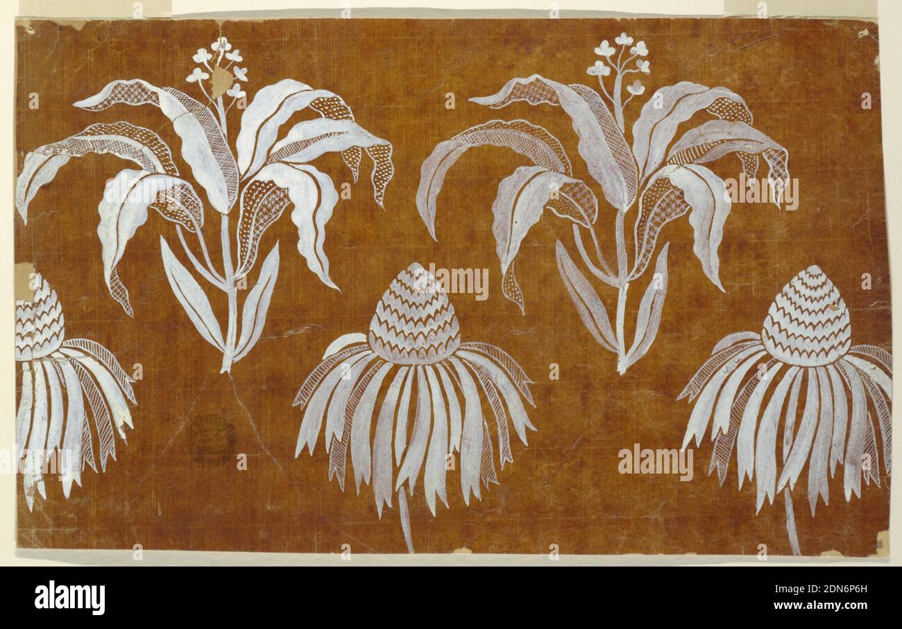 Disegno per un tessuto ricamato o tessuto della Fabrique de St. Ruf, Fabrique de Saint Ruf, Lione, Francia, pennello e gouache bianco su carta vetrata, riga superiore: Boughs floreali con foglie naturalistiche e di pizzo. Riga inferiore: Boughs sfalsati con un cono e foglie appese., Francia, 1805–1815, disegno Foto Stock