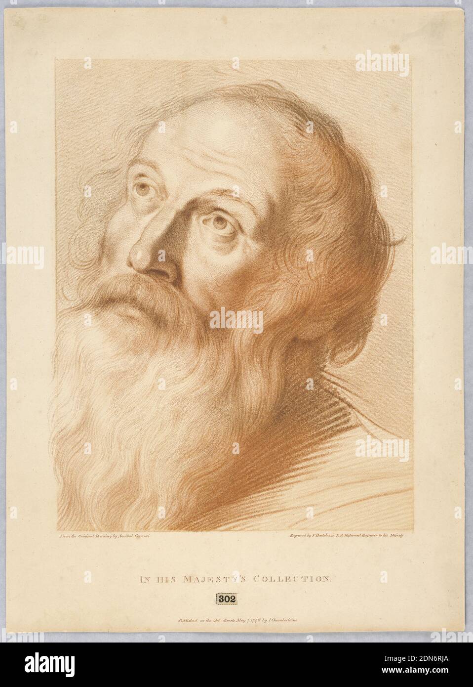 An Old Man's Head, Francesco Bartolozzi, italiano, Inghilterra attiva, 1727–1815, Annibale Carracci, italiano, 1560–1609, John Chamberlaine, inglese, 1745 - 1812, con acquaforte in sanguina e inchiostro marrone su carta bianca, uomo paleinato che guarda verso l'alto, leggermente girato a sinistra., Inghilterra, 1796, Stampa Foto Stock