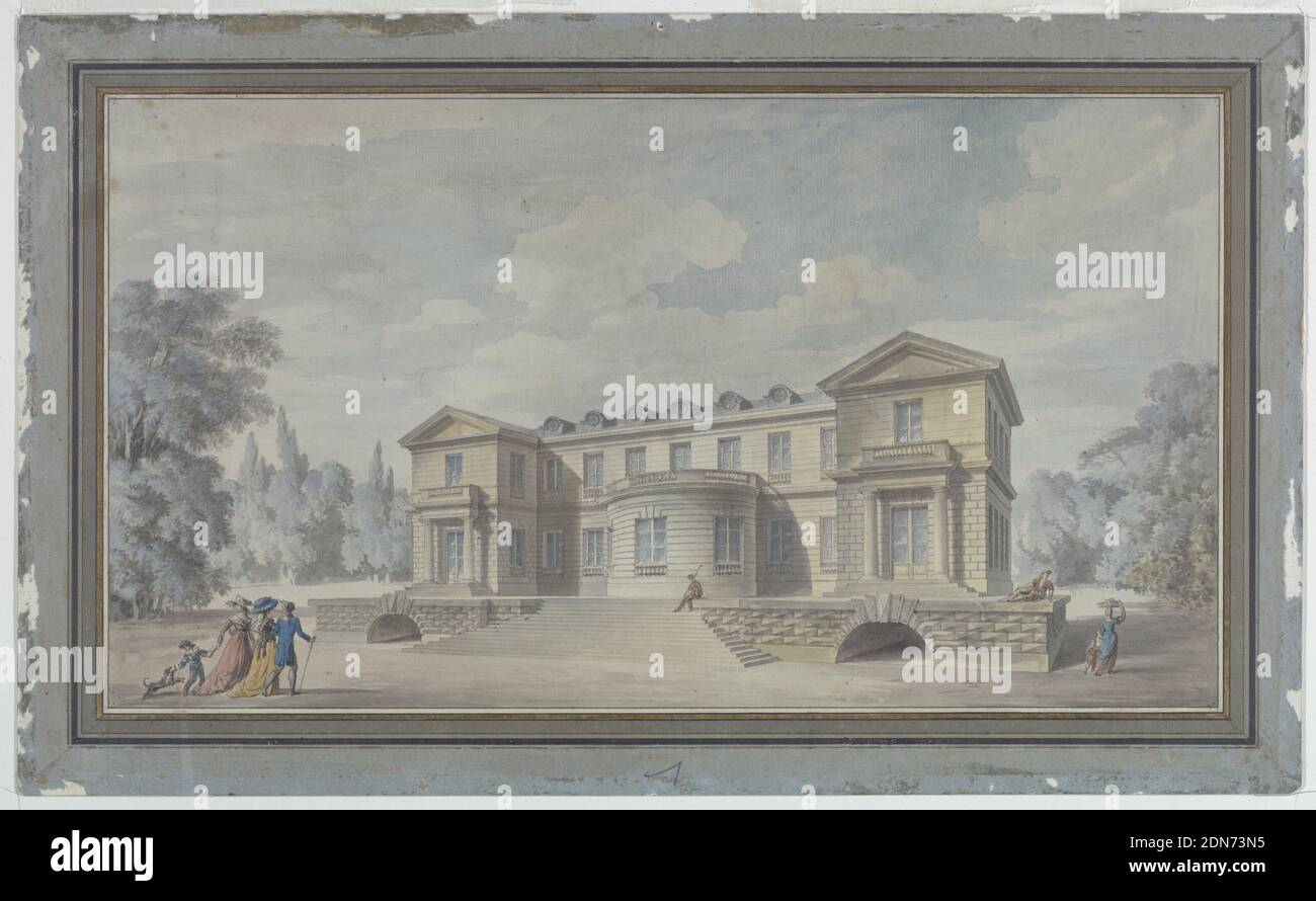 Design di una villa di campagna, penna e inchiostro, pennello e acquerello, grafite su carta, una struttura a due piani con dormitori e ali laterali. La sezione centrale è composta da sette baie e dal piano terra progetti semicircolarmente., Francia, 1765-1770, disegno Foto Stock