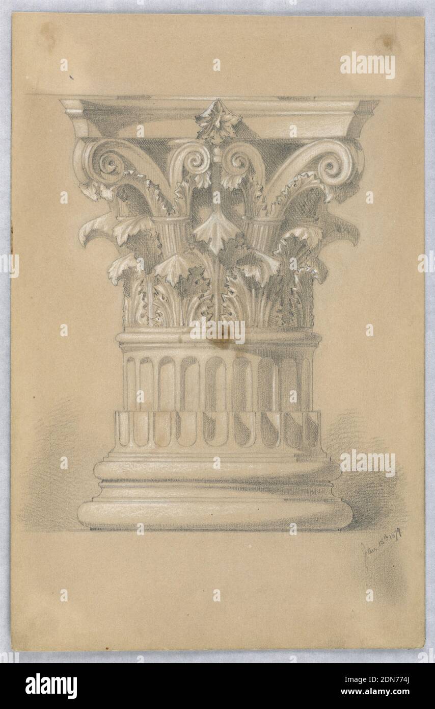 Studio di una capitale e base, Arnold William Brunner, americano, 1857–1925, grafite e bianco esaltante su carta beige, capitale corinzia, base arrotondata, colonna scanalata., USA, 1879, architettura, disegno Foto Stock