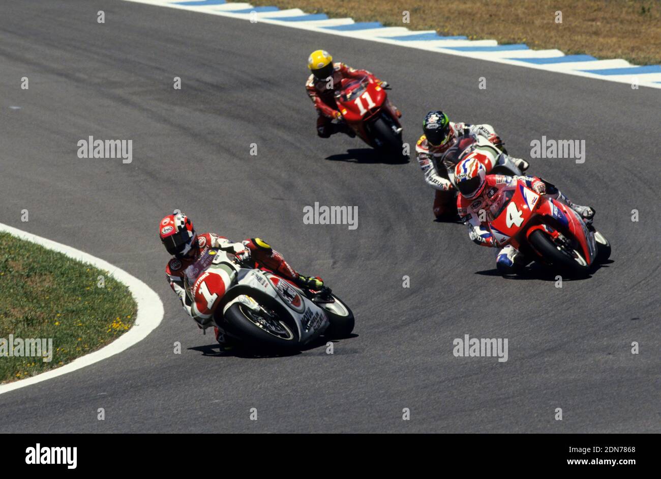 Schwantz, (USA), Doohan (AUST), Barros (BRAZ), Kocinski (USA), Gran Premio di motociclo spagnolo, Jerez 1994 Foto Stock