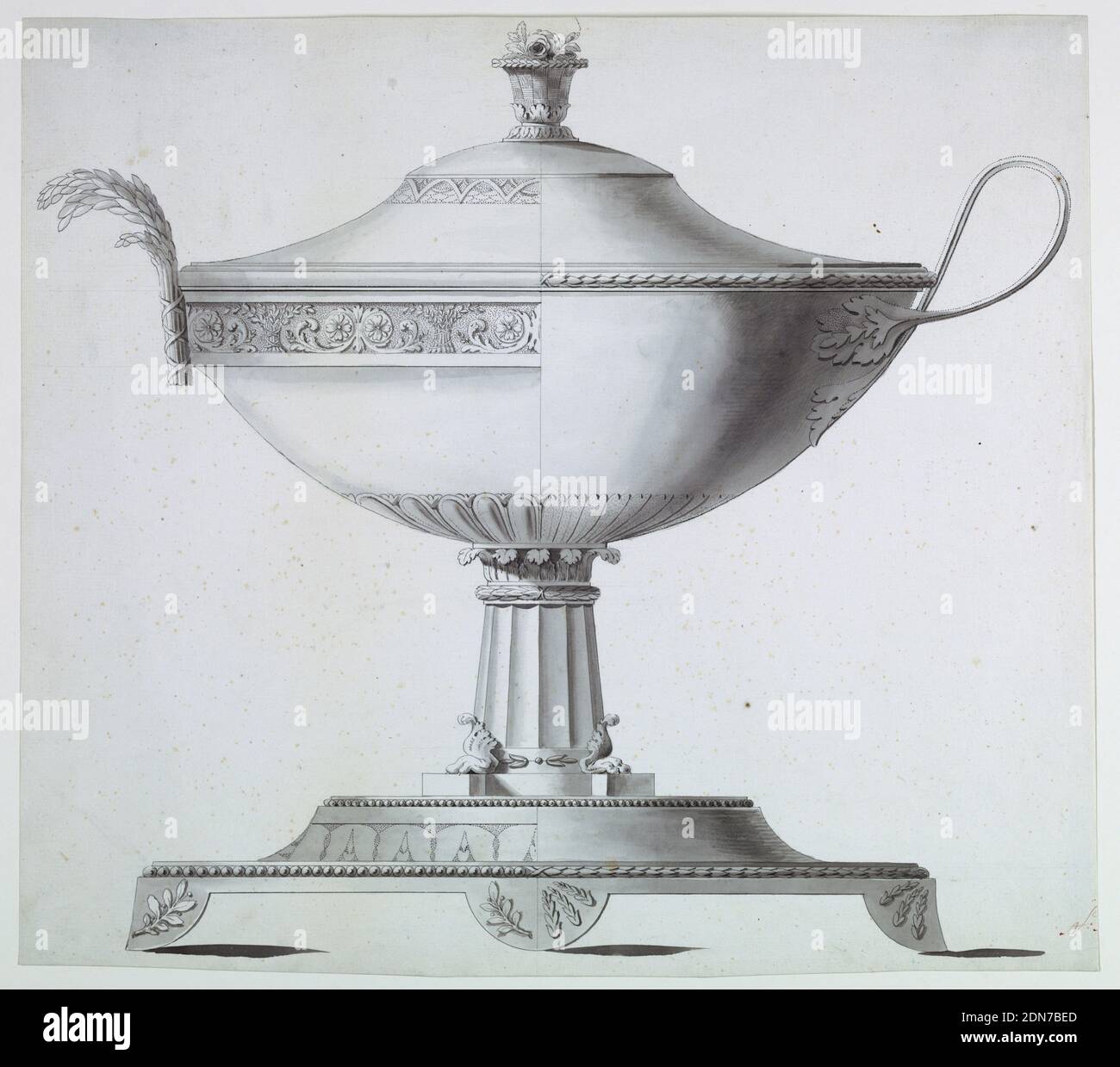 Disegno per un tureen, Joseph Anton Seethaler II, tedesco, 1799–1868, penna e inchiostro, pennello e lavaggi, la metà sinistra mostra il vaso bandito da grano e rinceaux, con un fascio di grano che forma il manico. La finale è sotto forma di un cesto contenente una rosa. Base colonnare scanalata con capitale di foglia di acanthus e zampe. La metà destra è adornata con un motivo di foglia e foglia e tendine che formano il manico., Germania, 1825-1835, disegno Foto Stock