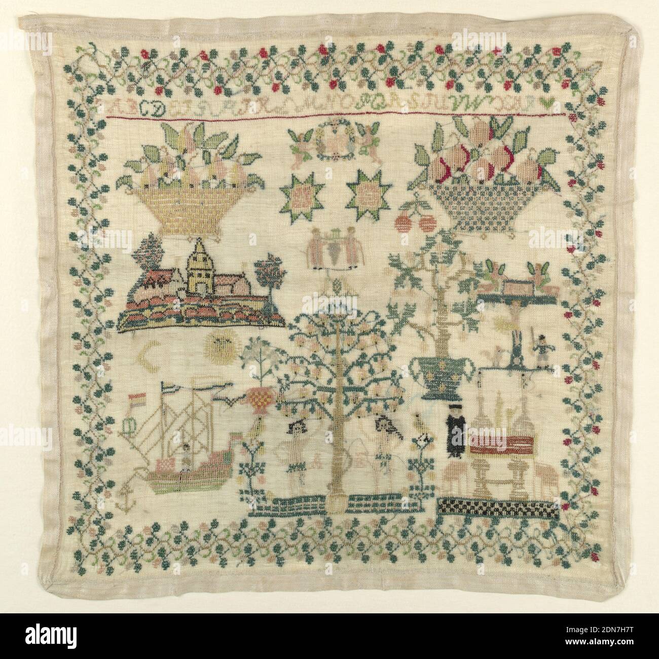 Campionatore, Medio: Ricamo di seta su fondazioni di lino tecnica: Ricamato, scene bibliche, una nave, una chiesa, cestini di fiori, e un alfabeto racchiuso in un bordo di fragole., Germania, 1815, ricamo e cucito, Sampler Foto Stock