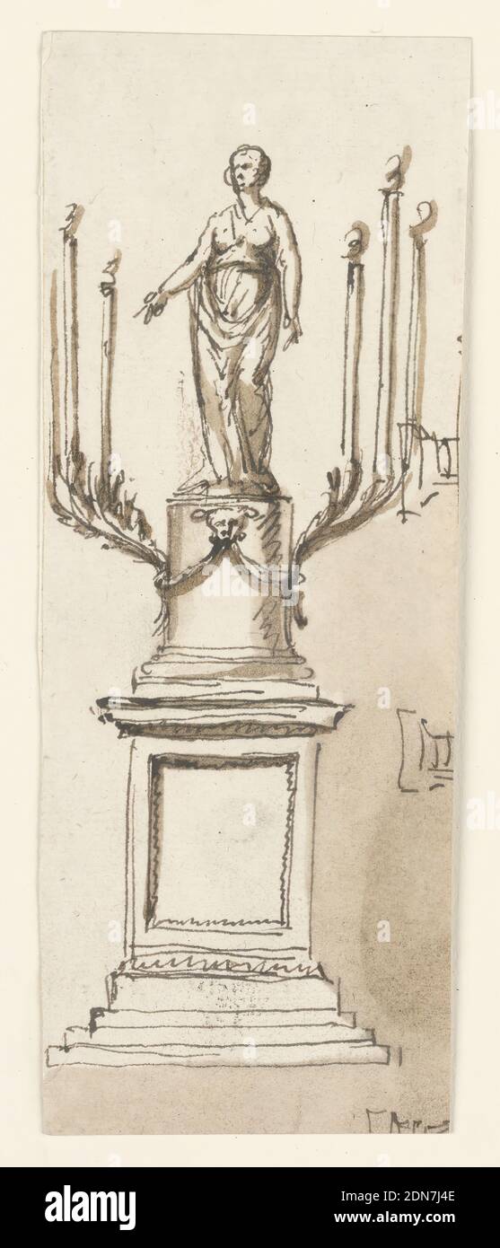 Candelabro, Giuseppe Barberi, italiano, 1746–1809, penna e inchiostro marrone, pennello e lavaggio marrone su carta defilata biancastra, foderata, Candlestick., Roma, Italia, 1746–1809, metallurgia, disegno Foto Stock