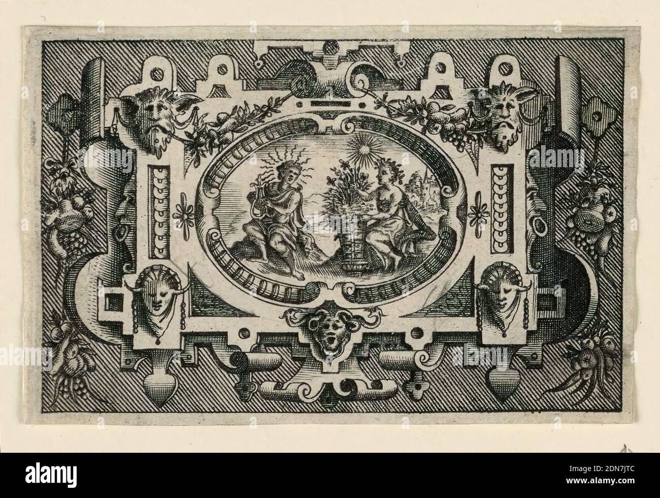 Scorrimano Escutcheon con rappresentazione di Autunno, Pieter van der Heyden, Fiammingo, 1530 - 1572, Jacob Floris il Vecchio, Fiammingo, 1524 - 1581, incisione su carta, Autunno. Una donna che tiene un ramoscello di mela. Bacco che beve. T wo donne con testa rialzata nel telaio., Paesi Bassi, ca. 1565, Stampa Foto Stock