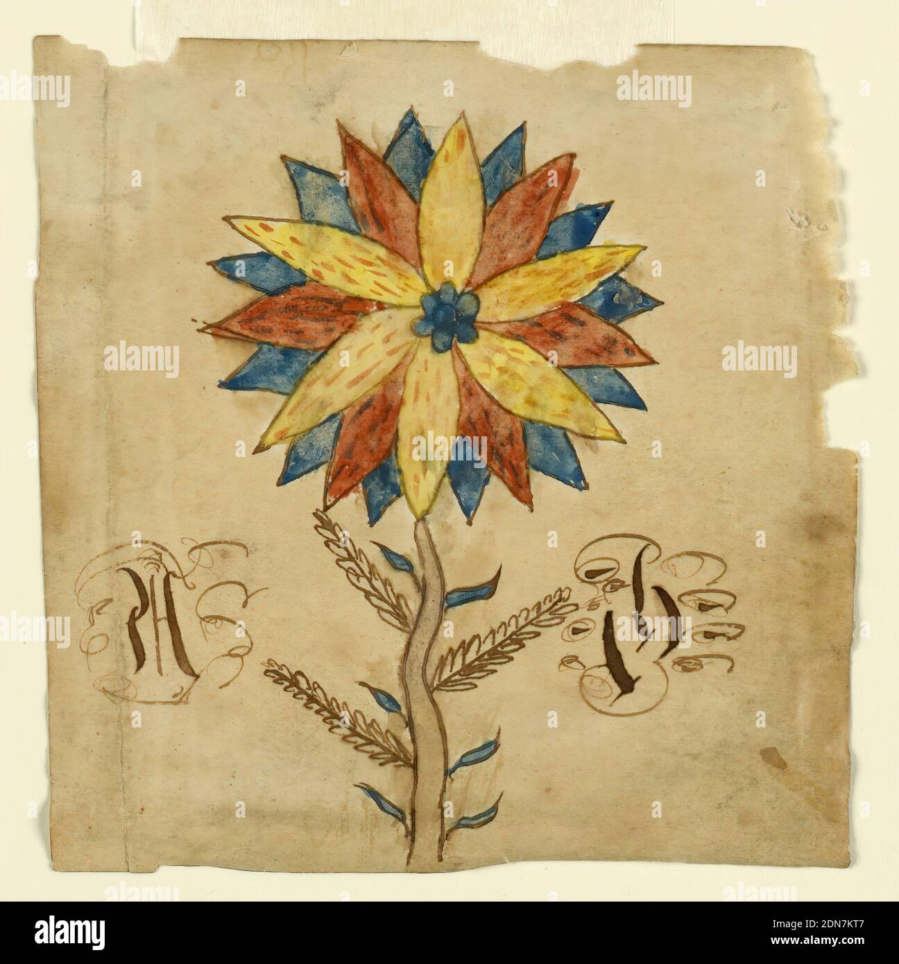 Fraktur: Un Fiore e due iniziali, Calligraphy in inchiostro marrone, pennello e acquerello su carta, girasole con ventiquattro petali; 6 gialli, 6 rossi, 12 blu, su un gambo marrone con foglie marroni e blu. Un iniziale su entrambi i lati dello stelo. Sinistra, su "H". Forma conosciuta come 'bookmark'., Philadelphia, Pennsylvania, Stati Uniti, Parigi, Francia, 1780–1800, Calligraphy, Calligraphy Foto Stock