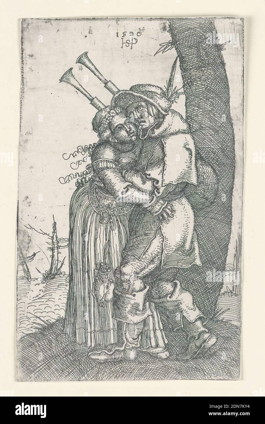 Il Bagpiper, Hans Sebald Beham, tedesco, 1500–1550, incisioni su carta, una figura di un Bagpiper abbraccia una giovane ragazza. Sta a destra contro un albero. Dal cenere alla vita appende una borsa a mano., Germania, 1520, figure, Stampa Foto Stock