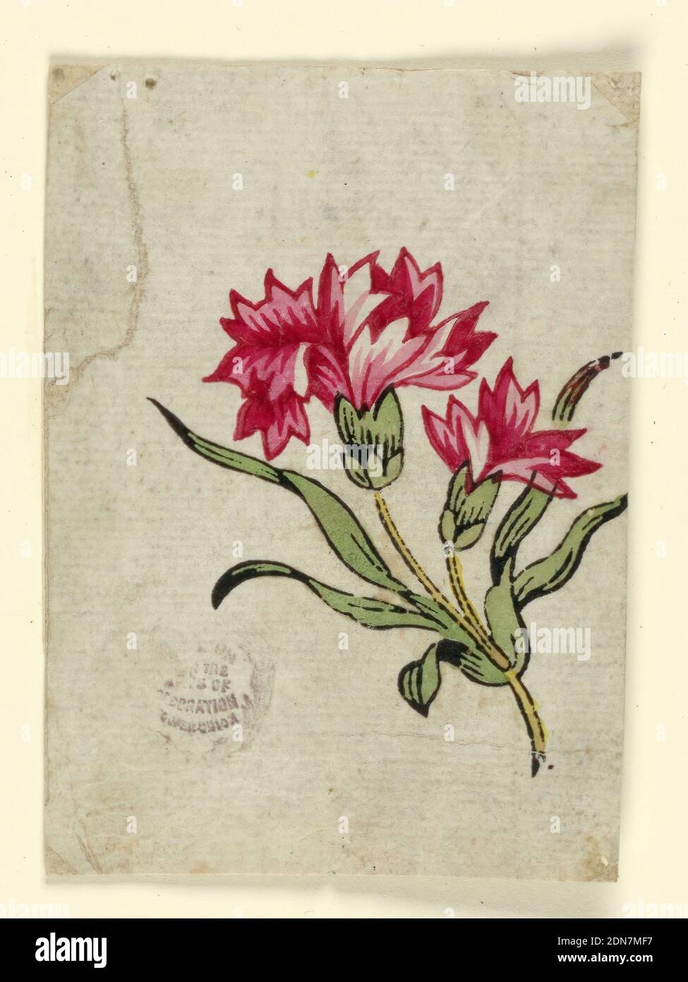 Woodblock prova prova per un tessuto stampato, pennello e gouache su carta bianca, due fiori di garofano con foglie su gambo singolo., Francia, 1790–1800, disegni tessili, disegno Foto Stock