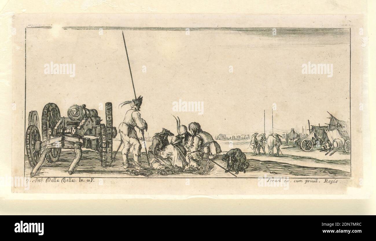Plate 9, from 'Desseins de Queleques Conduites de Troupes, Canons, et Ataques de Villes', Stefano della Bella, Italian, 1610–1664, Italy, France, 1610-1664, Print Foto Stock