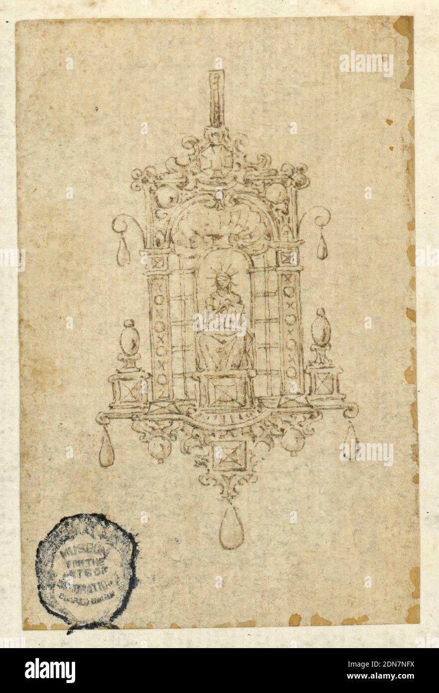 Design per un pendente con seduta Donna con libro, penna e inchiostro, pennello e seppia su carta, in una nicchia, una donna è seduta, sostenendo in giro un libro. Raggi intorno al suo libro. Sotto, tre gocce., Italia, XVI secolo, gioielli, disegno Foto Stock