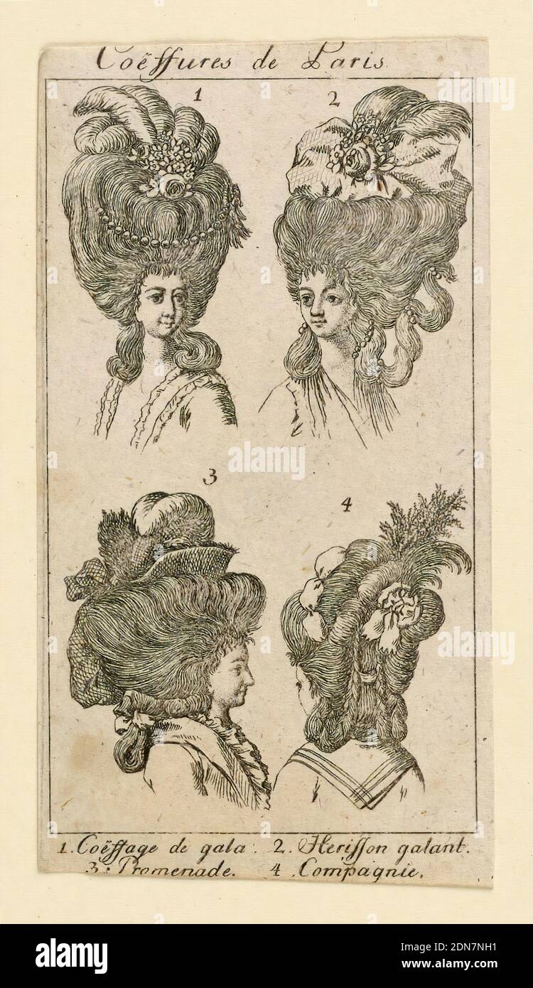 Ladies' Fashion: Parrucchieri e cappelli, Johann August Rossmasler, German, 1752 - 1783, incisione su carta, illustrazione di gruppi di quattro teste che mostrano acconciature e cappelli indossati da donne francesi, tedesche e inglesi., Germania, ca. 1770-1780, Stampa Foto Stock