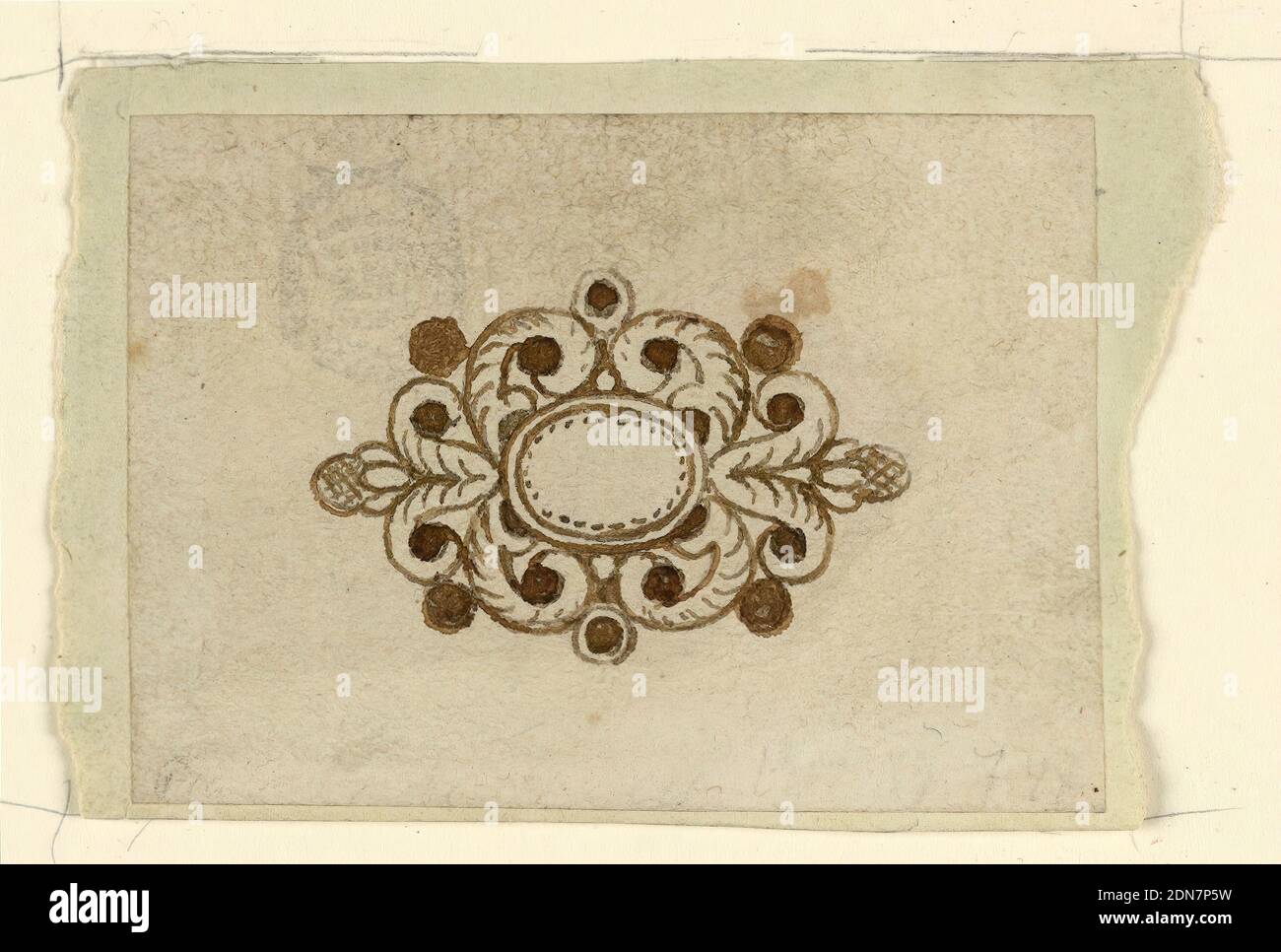 Disegno per Brooch, penna e inchiostro, pennello e seppia su carta, un diamante oblungo incorniciato da palmettes., Italia, 1820–30, gioielli, disegno Foto Stock