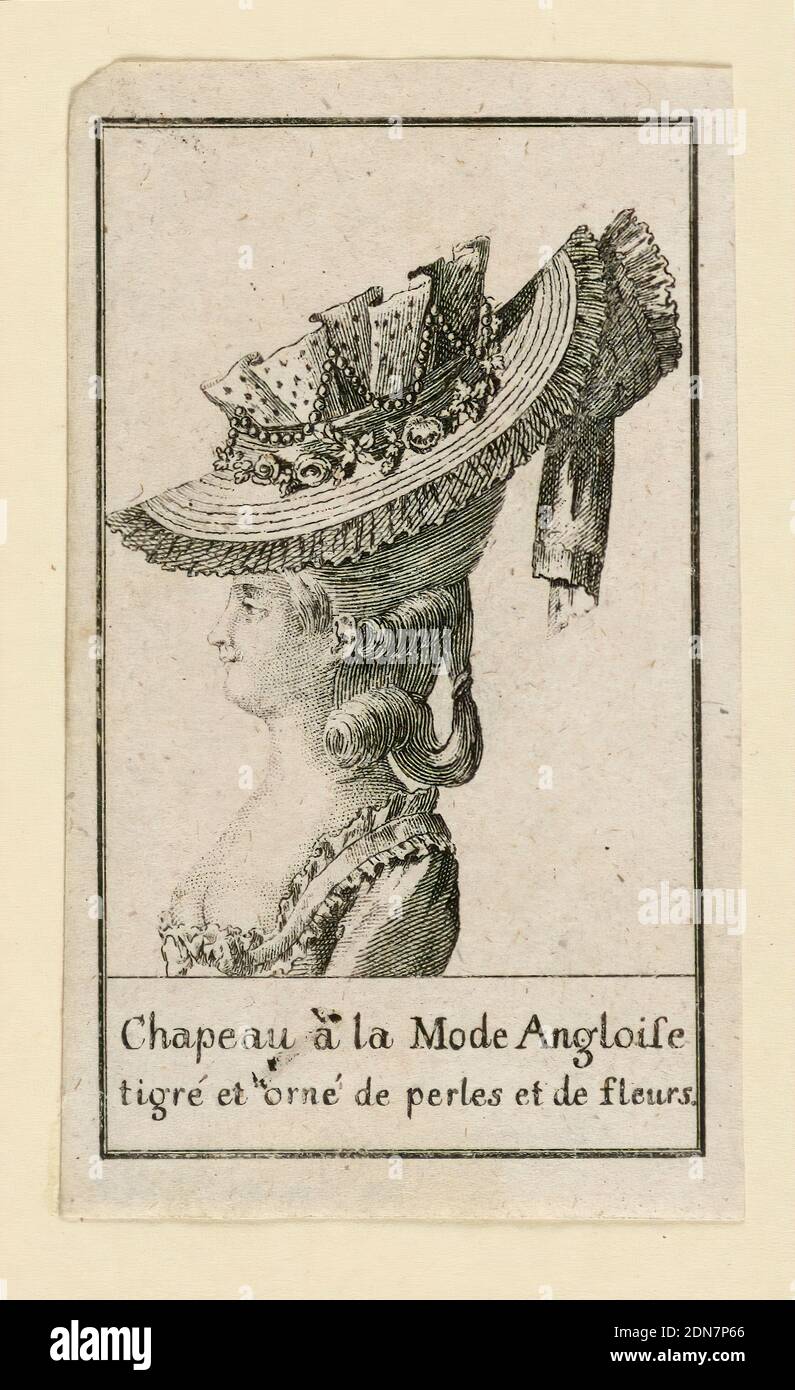 Ladies' Fashion: Parrucchieri e cappelli, incisione su carta, illustrazione di gruppi di quattro teste che mostrano acconciature e cappelli indossati da Signore francese, tedesco e inglese., Germania, ca. 1770-1780, Stampa Foto Stock