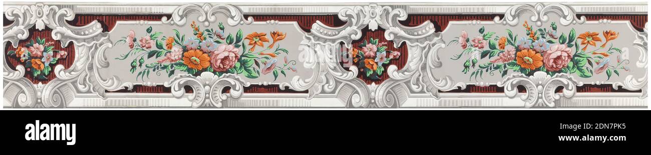 Cornici a scorrimento con bordo, stampate a blocchi, che racchiudono, alternativamente, un grappolo di fiori e foglie su un terreno grigio, e un grappolo più piccolo su un terreno rosso che è striato di nero. Modanature a grissaille lungo i bordi superiore e inferiore. (Probabilmente ritagliato lungo entrambi i bordi)., forse Francia, 1845, Wallcoverings, confine Foto Stock
