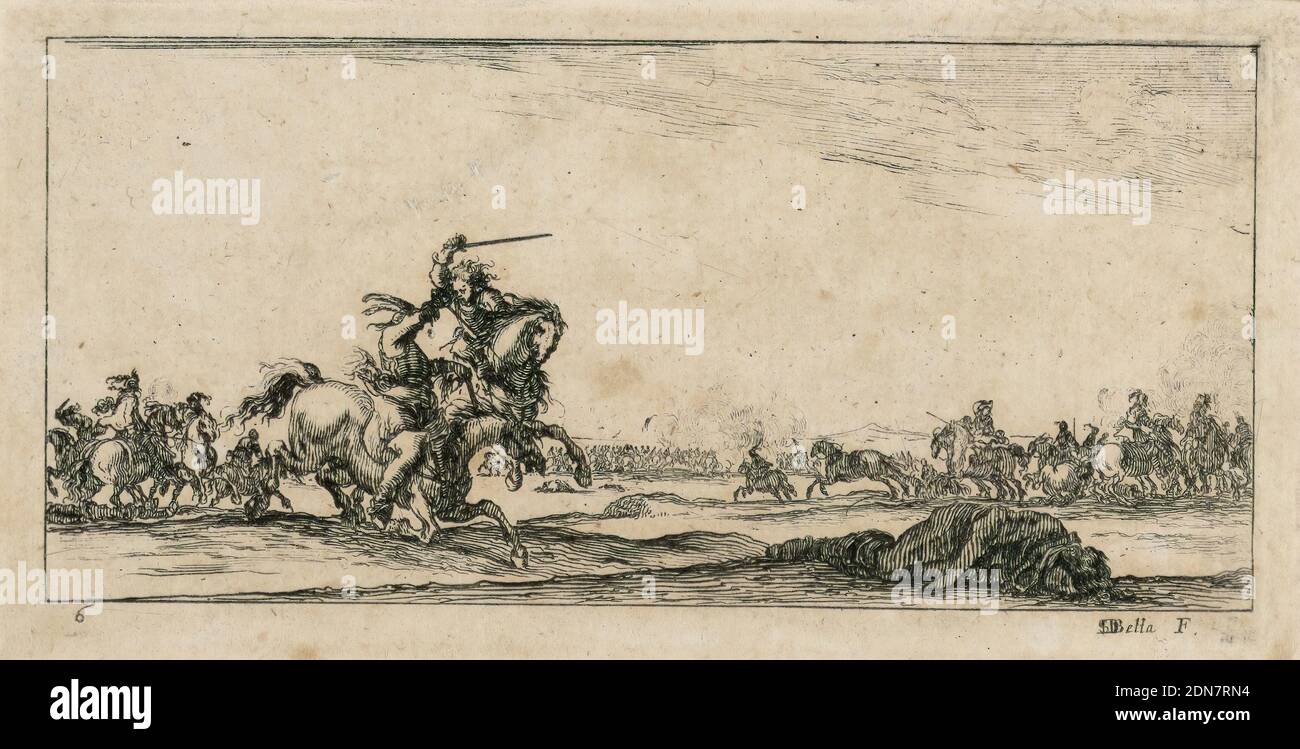 Plate 6, from 'Desseins de Queleques Conduites de Troupes, Canons, et Ataques de Villes', Stefano della Bella, Italian, 1610–1664, Italy, France, 1610-1664, Print Foto Stock
