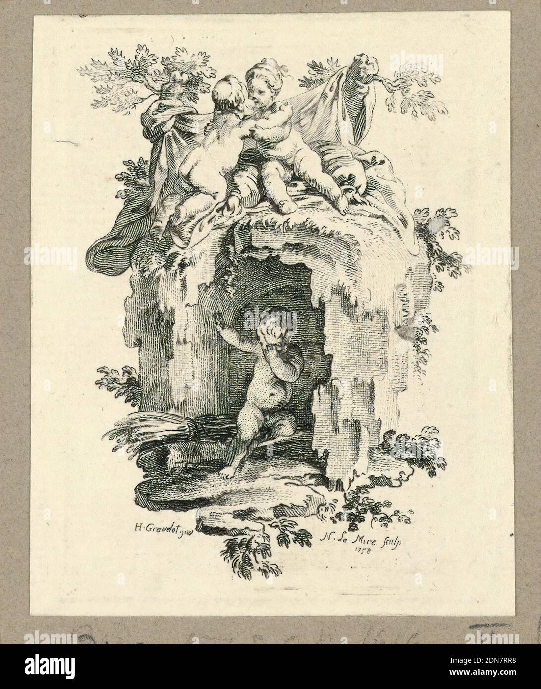 Cherubs Around a Cave, Gravelot, francese, 1699 - 1773, attivo in Inghilterra, Noël le Mire, francese, 1724 - 1801, incisione su carta, due cherubini si abbracciano su una grotta, in hich un ragazzo è tenuto prigioniero., Francia, 1758, Stampa Foto Stock