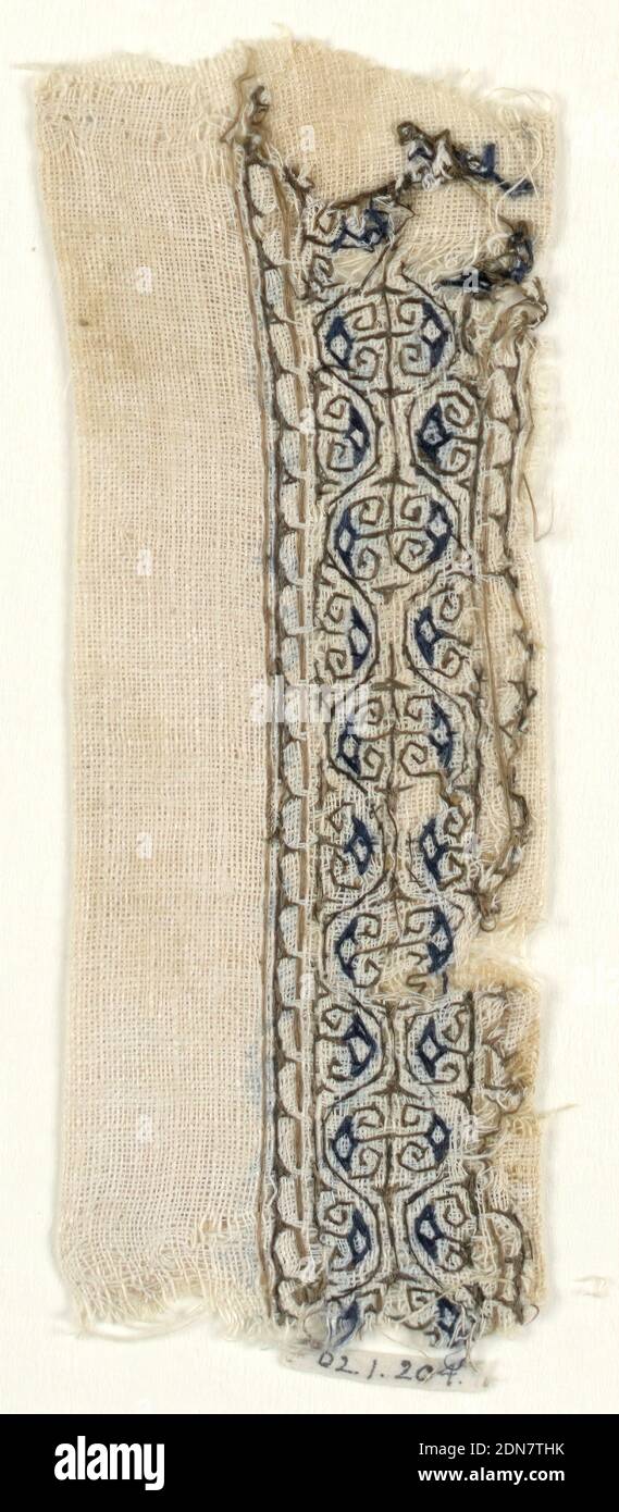 Fascia, ricamo con fili di seta su tela di tessitura., fascia ricamata di scroll-work in marrone e blu., 13 ° secolo, ricamo & cucito, banda Foto Stock