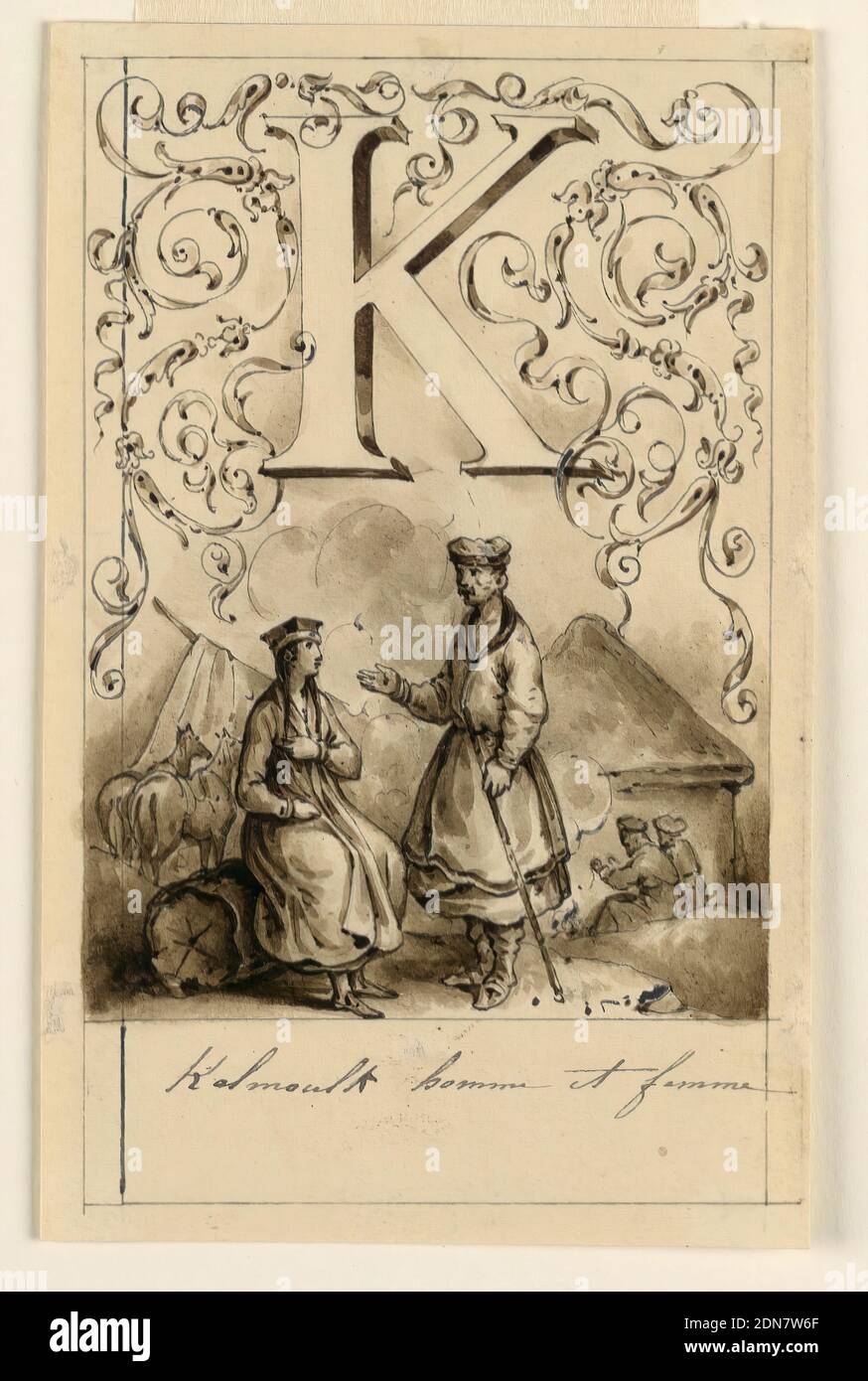 Disegno per la lettera K di un alfabeto pictorico: Kalmucks, Victor Vincent Adam, 1801–1866, inchiostro grafite, penna e biestre, pennello e inchiostro, con rinculo bianco su carta crema, lettera sopra, fiancheggiata da rinculo intrecciato. Una coppia di Kalmuck in conversazione. Due uomini seduti al fuoco, con una capanna e un cavallo sullo sfondo. La cornice a sinistra era stata originariamente disegnata troppo a destra., Francia, ca. 1830, disegno Foto Stock