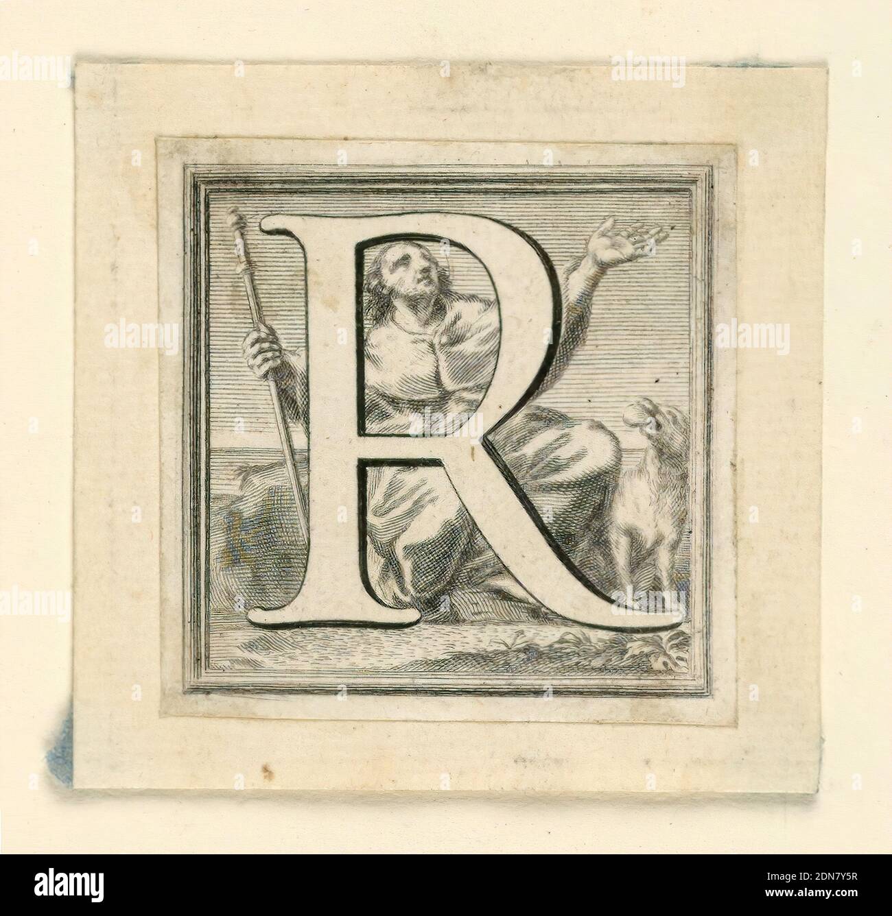 Lettera maiuscola decorata R, Jakob Frey, Svizzera, attiva Italia, 1681 - 1752, Giovanni Passari, Italiano, incisione su carta, lettera R prima dell'inginocchiato San Rocco, Roma, Italia, ca. 1715, effimera, Stampa Foto Stock