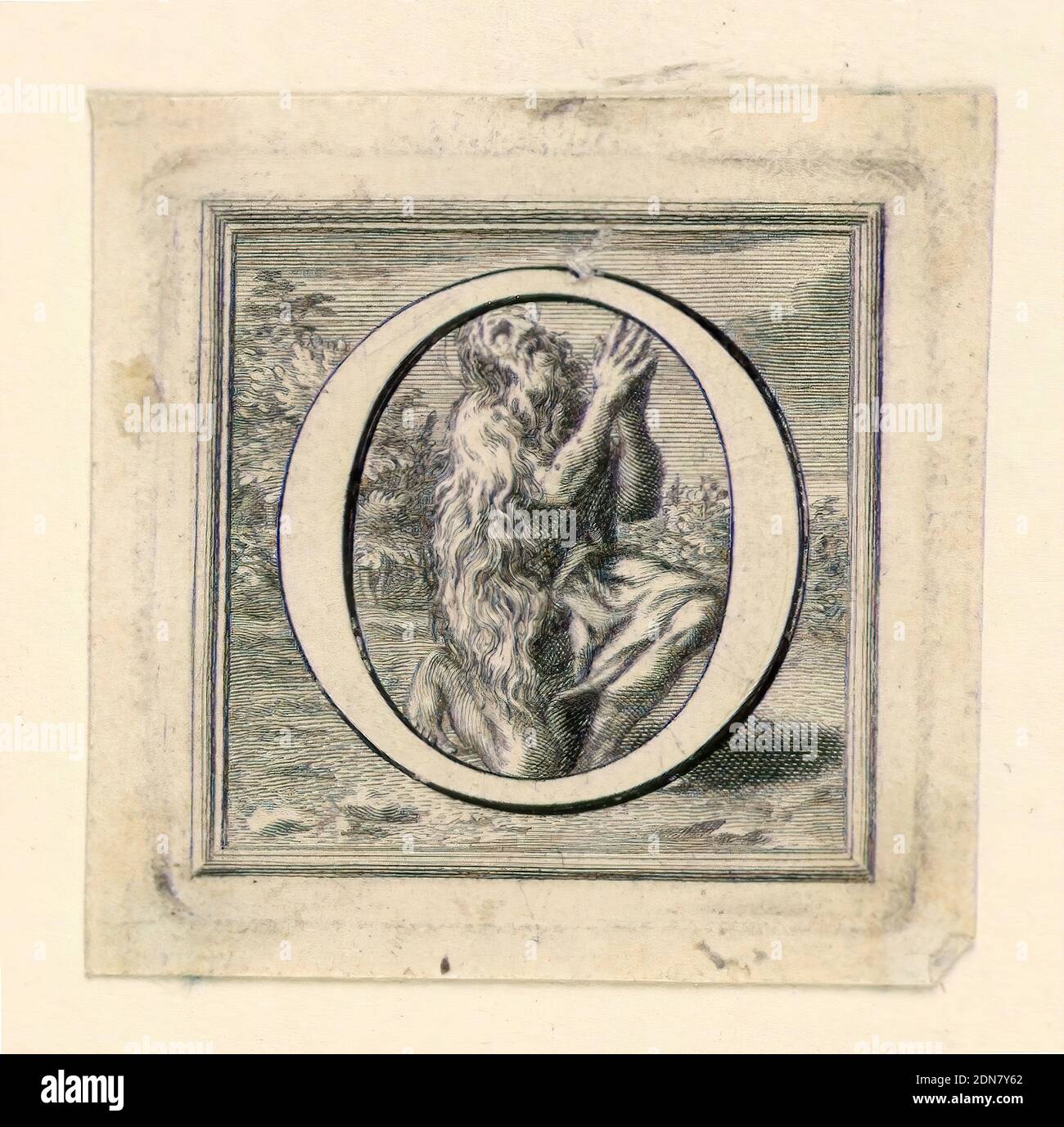 Lettera maiuscola decorata o, Jakob Frey, Svizzera, attiva Italia, 1681 - 1752, Giovanni Passari, italiano, incisione su carta, la lettera o prima di San Onofrio in preghiera, Roma, Italia, ca. 1715, effimera, Stampa Foto Stock