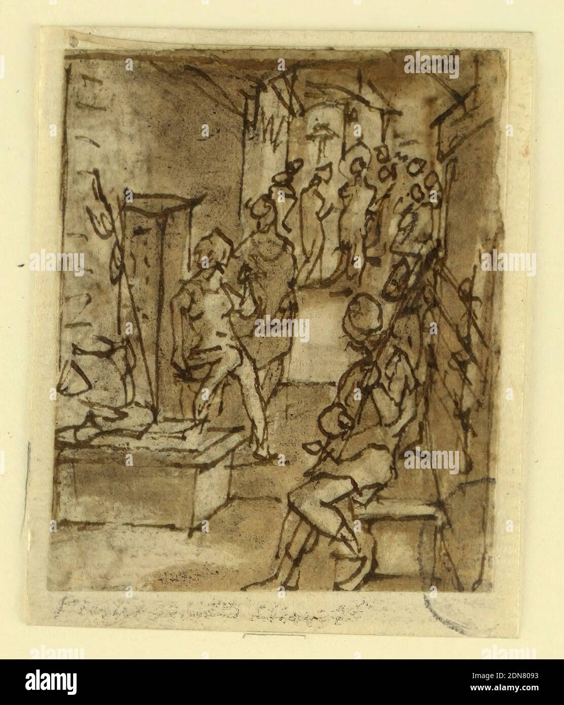 Flagellation (?), Jan van der Straet, chiamato Stradanus, fiammingo, 1523–1605, inchiostro marrone, lavaggio su carta, rettangolo verticale. Un interno simile a una prigione, con la scena principale che si svolge sullo sfondo, forse la flagellazione di Cristo. Una figura sante contro una colonna, circondata da altre figure. Tre uomini in primo piano., Paesi Bassi, ca. 1590, figure, disegno Foto Stock