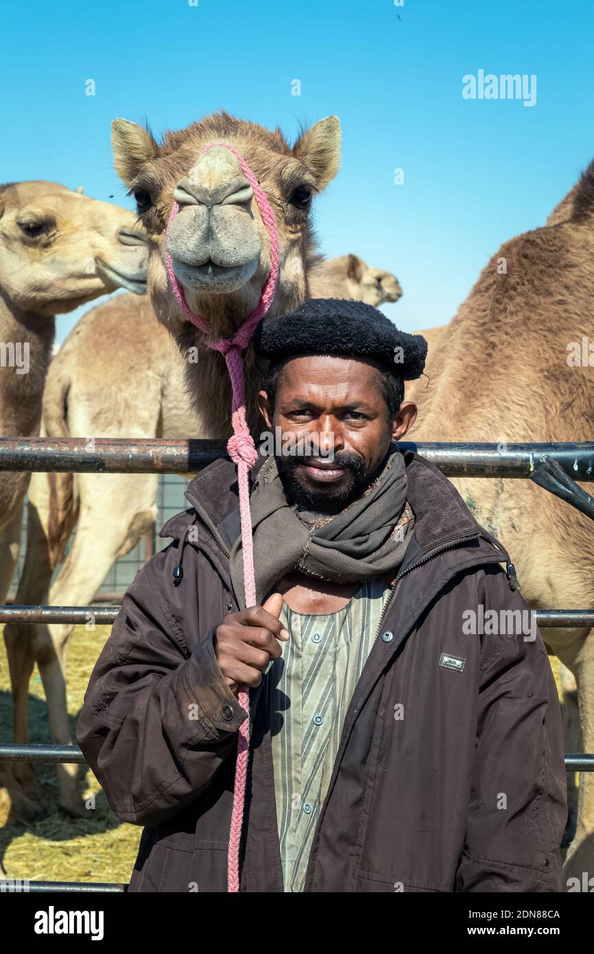 Il tradizionale Pastore dei cammelli si trova di fronte al cammello nell'area desertica di al Sarar - Arabia Saudita. 17 gennaio 2020. Foto Stock