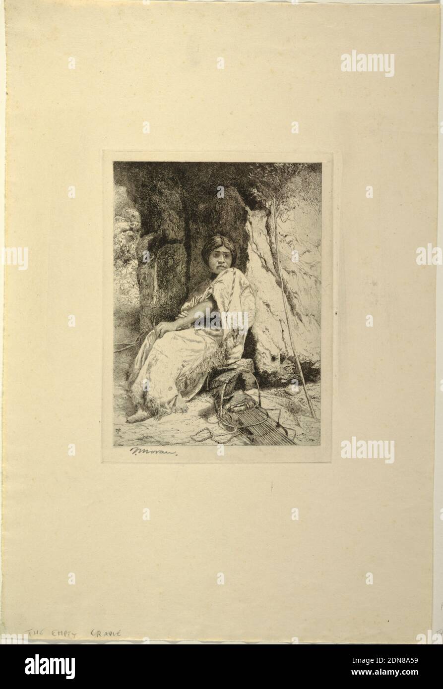The Empty Cradle, Thomas Moran, americano, b. Regno Unito, 1837–1926, incisione in inchiostro nero su carta marrone chiaro, donna nativa americana, seduta, rivolta a sinistra, guardando una culla vuota in primo piano. Una formazione rocciosa sullo sfondo., USA, 1880, figure, Stampa Foto Stock