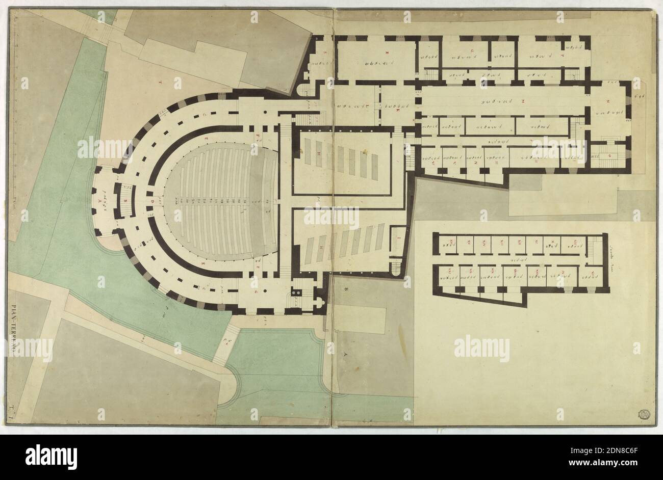 Design del concorso per la Fenice, Venezia: Piano terra, penna e inchiostro nero, pennello e lavaggio grigio, acquerello su due fogli di carta bianca, posata su carta blu con bordo aggiunto di carta blu, pianta del teatro: Spazio a forma di cavallotto e ingresso sul fondo; spazi esterni (canale?) Indicato in verde., Venezia, Italia, 1788, architettura, disegno Foto Stock