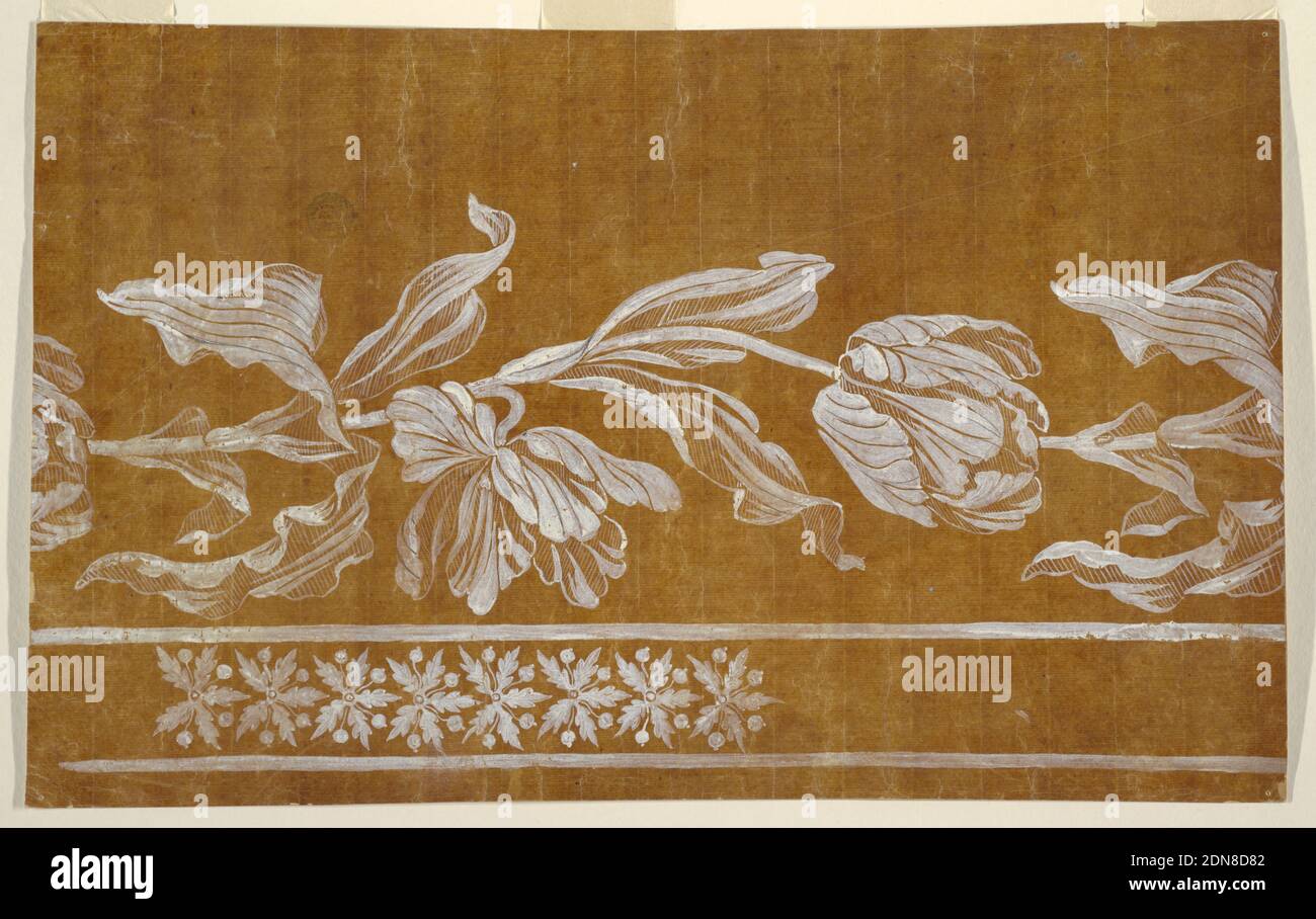 Disegno per un bordo orizzontale ricamato o tessuto della Fabrique de St. Ruf, Fabrique de Saint Ruf, Lione, Francia, grafite, pennello e gouache bianco su carta da tracciato vetrata, un tosse leggermente ondulata con foglie di lacy e fiori su una striscia con una fila di rosette vegetali che si affacciano a destra. Francia, 1805–1815, disegno Foto Stock